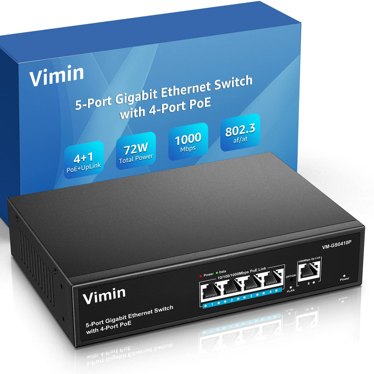 Vimin 4 Port Gigabit Poe Switch With 1 Uplink Gigabit Ports, 5 Port Unmanaged Ethernet Poe Switch With 72W Power, Support Ieee80