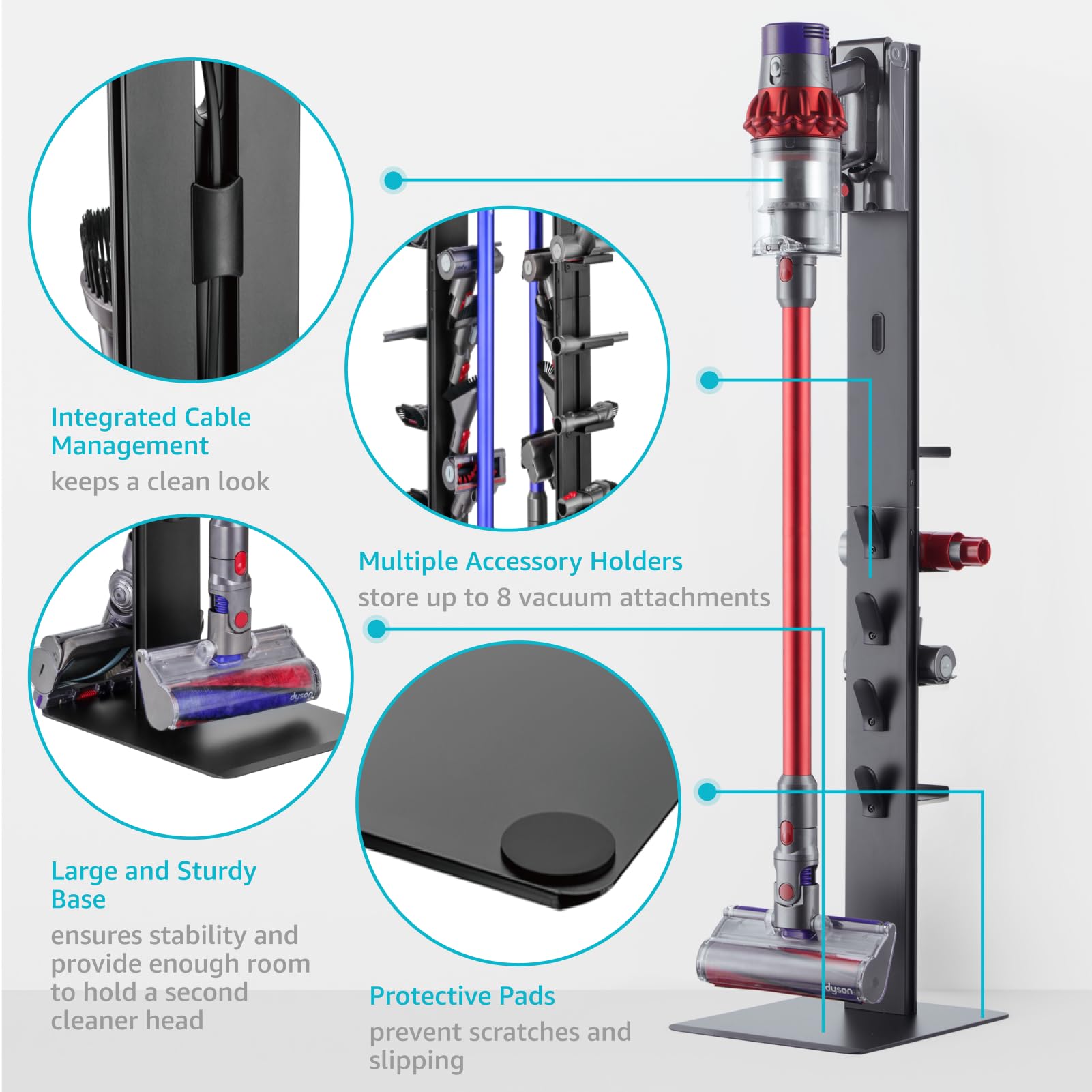 PEGZONE Vacuum Cleaner Stand - Metal Storage Bracket with 4 Hooks & Shelves, Compatible with Dyson V6-V15, Black, Model HW1029BK