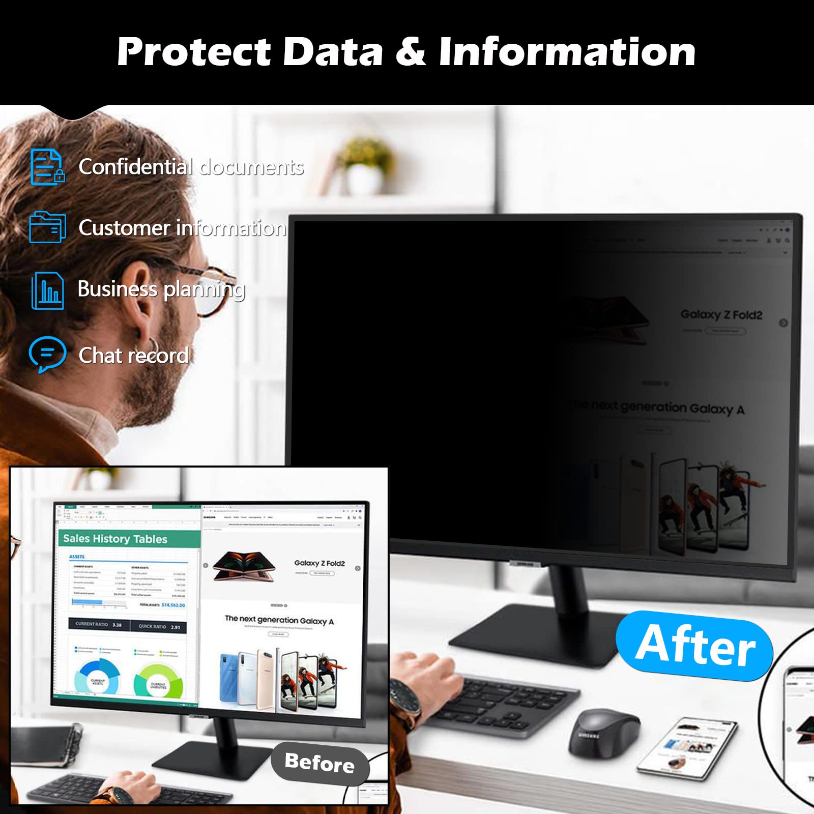 Filmext [2 Pack 23.8 Inch Computer Privacy Screen Filter, Removable Computer Privacy Shield 23.8'' For 16:9 All In One Desktop/F