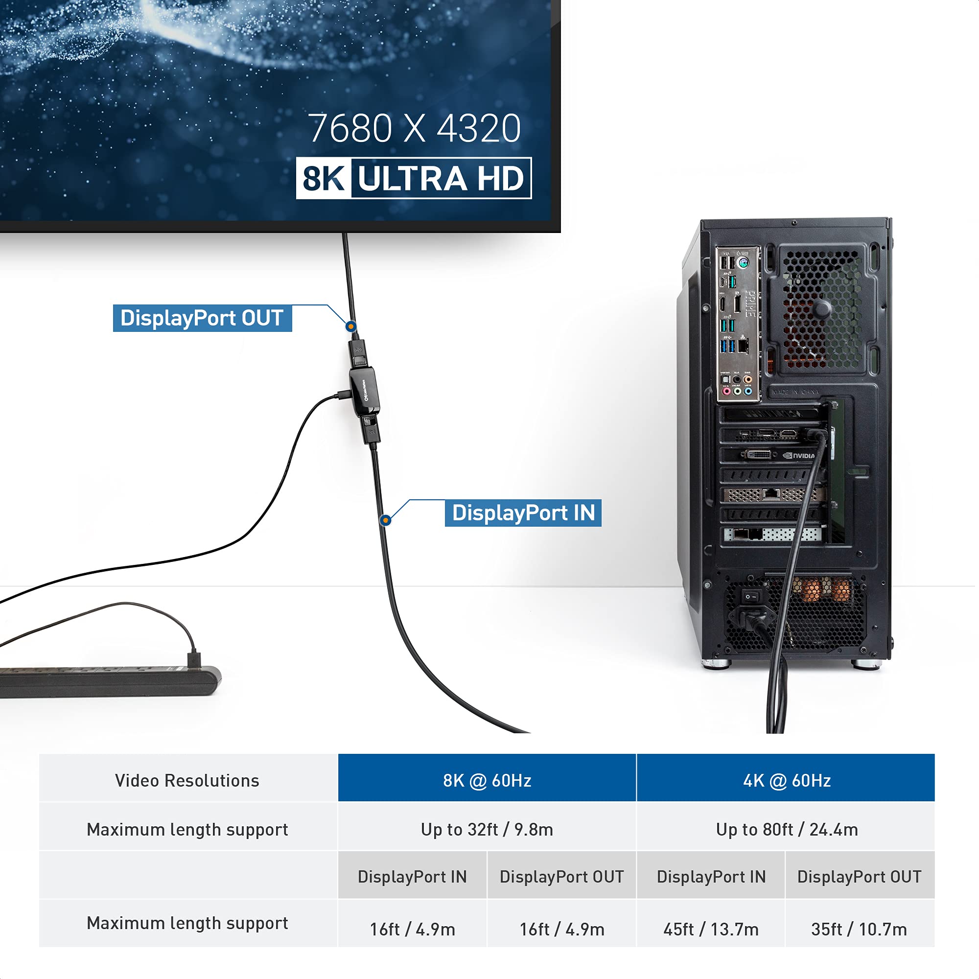 Cable Matters Active DisplayPort Repeater, 4K@240Hz up to 32ft, 4K@60Hz up to 80ft, Signal Booster for VR Headset & Gaming Monitor