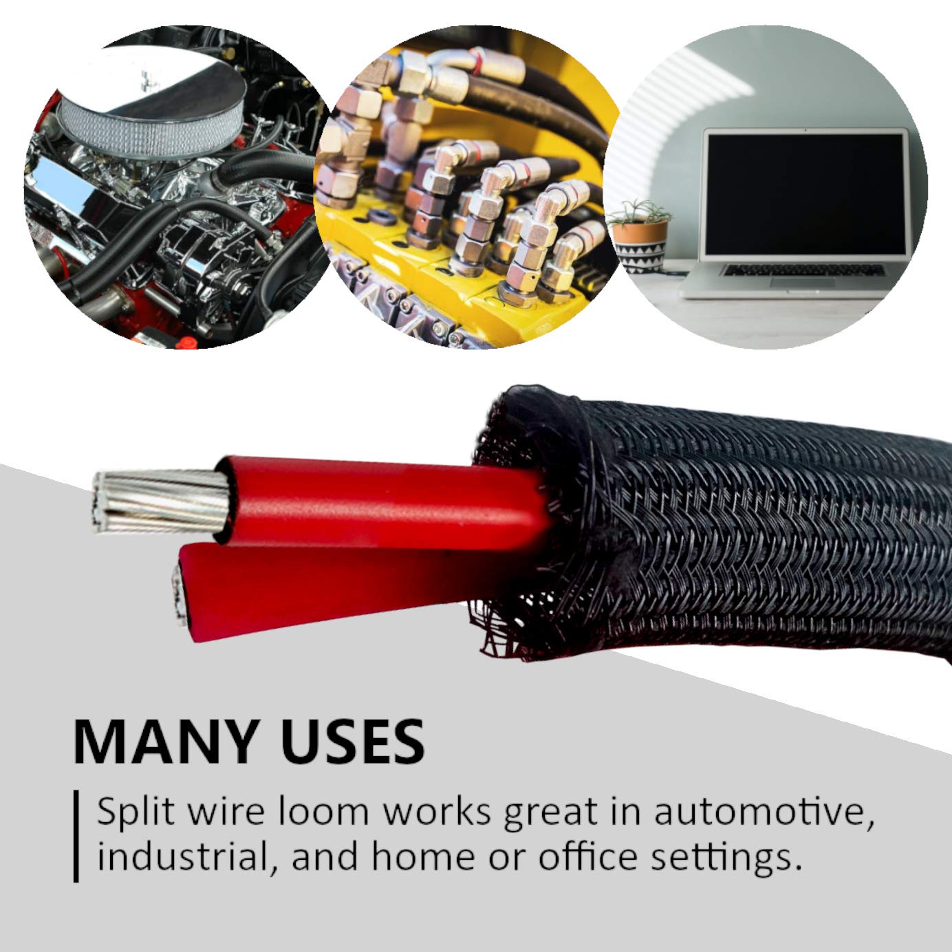 Mgi Speedware Braided Split Sleeve Wire Loom For High Temperature Automotive Harness And Home Cable Management 25 Feet (3/4'')