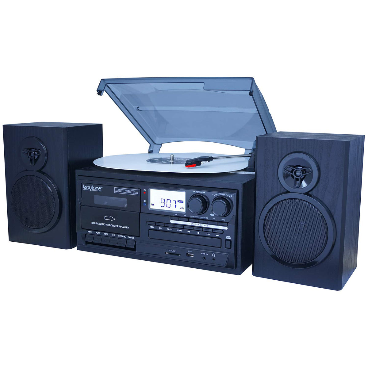 Boytone Bt 28Spb, Bluetooth Classic Style Record Player Turntable With Am/Fm Radio, Cassette Player, Cd Player, 2 Separate Stereo Speakers, Record Vinyl, Radio, Cassette To Mp3, Sd Slot, Usb, Aux
