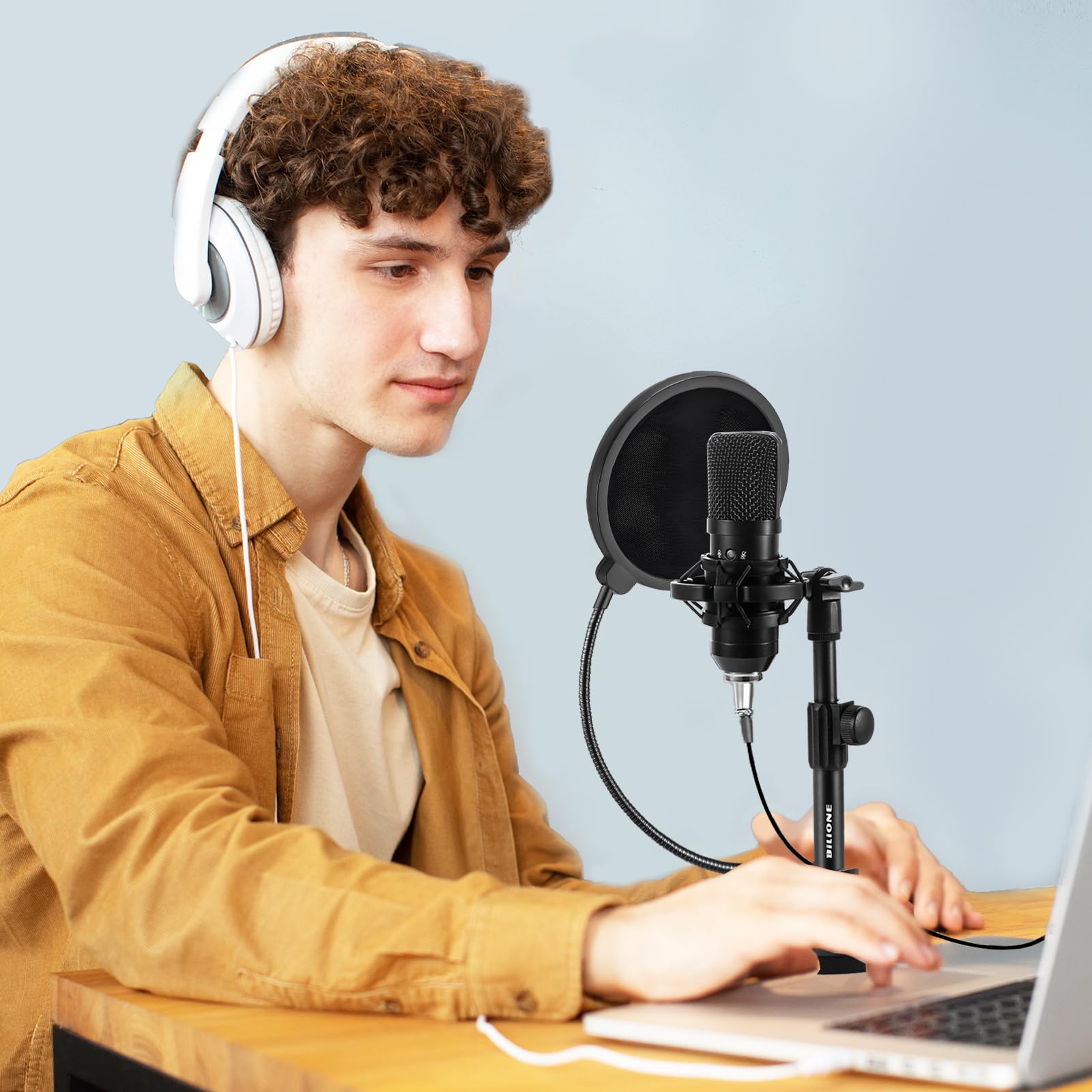 Bilione Multifunctional Desktop Microphone Stand, Adjustable Mic Stand Desk With Pop Filter, Shock Mount, Microphone Clip, 5/8 T
