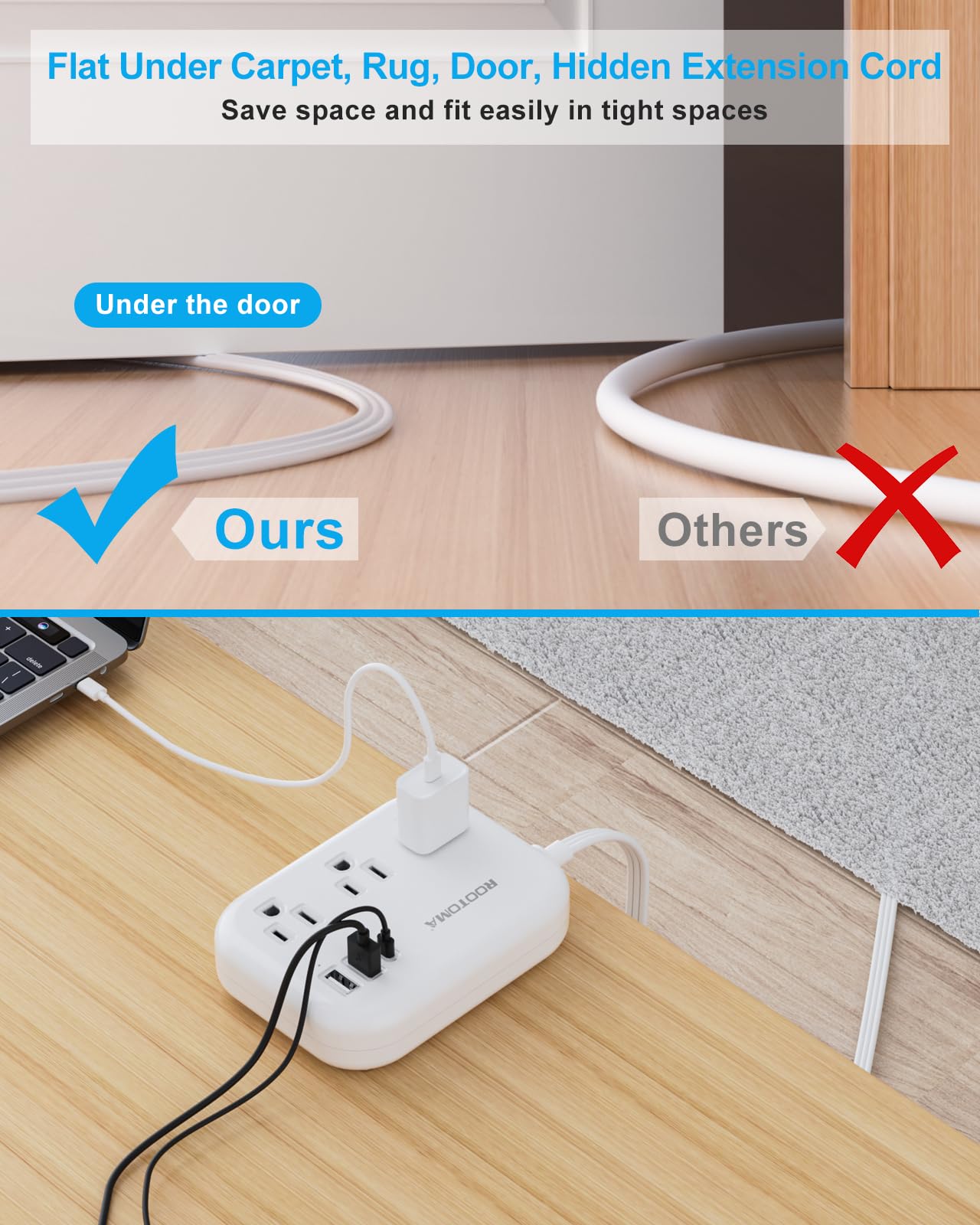 Flat Extension Cord 20 Ft Behind Furniture Ultra Slim Cord Under Carpet, Rug, Door, Long Extension Cord With 3 Usb 3 Outlets, Lo