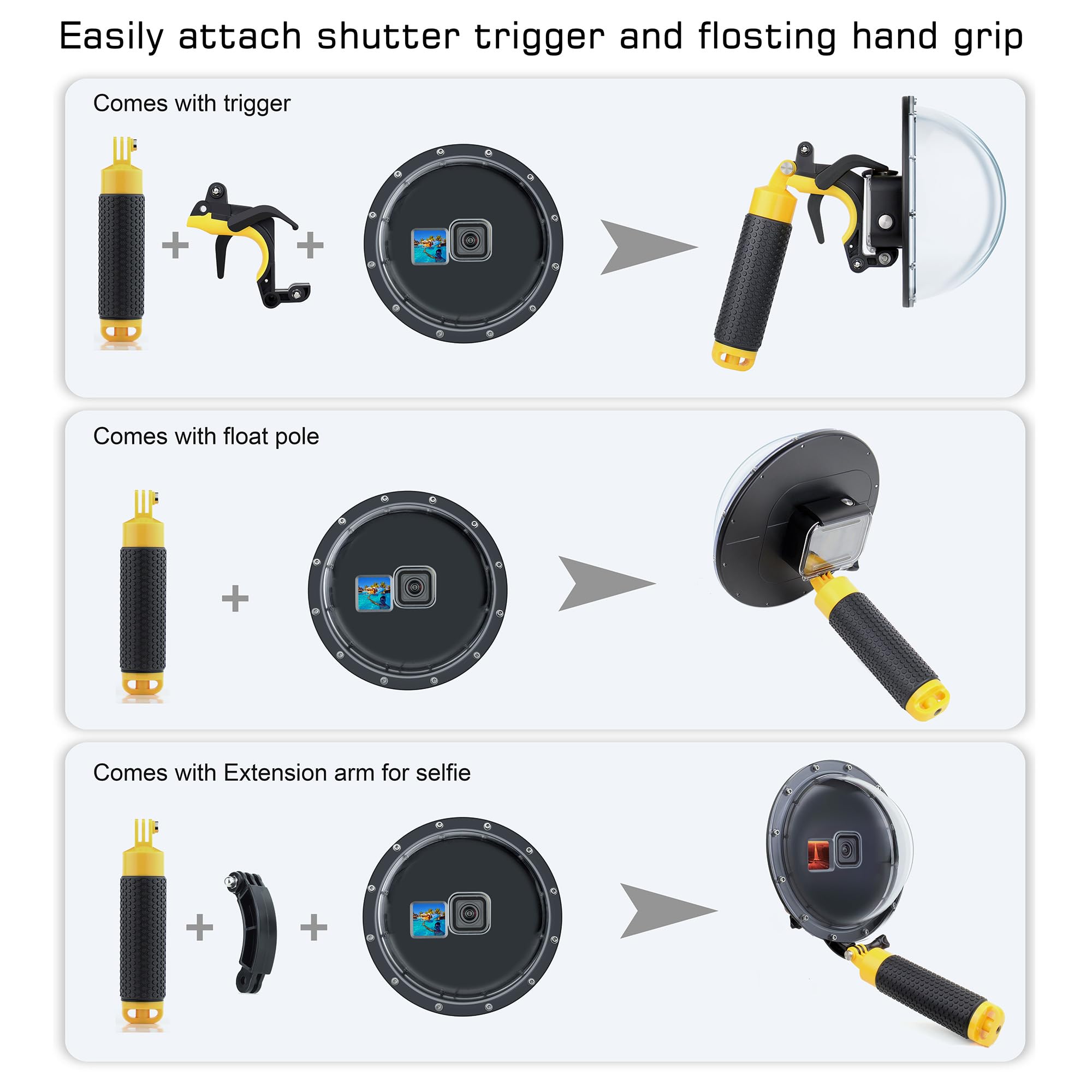 Gepuly Dome Port For Gopro Hero 9 10 11 12 13 Black, Underwater Waterproof Dome Port Housing Case + Floating Hand Grip + Trigger