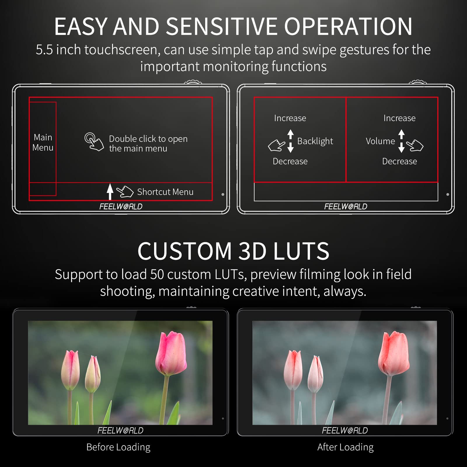 Feelworld Lut5 5.5 Inch 3000Nits Ultra Bright Dslr Camera Field Monitor Auto Dimming Touchscreen Hdr 3D Lut With Waveform F970 E