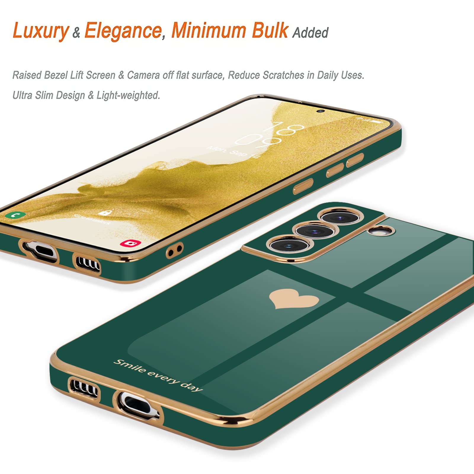 Teageo Samsung Galaxy S22 5G Case   Cute Love Heart Luxury Bling, Soft Silicone, Shockproof, Camera Protection, Darkish Green