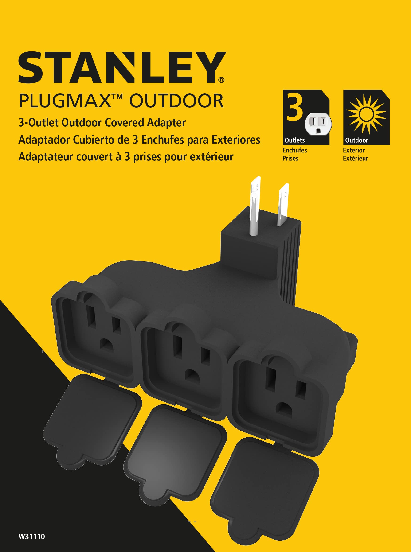 Stanley 31110 Plugmax Outdoor Grounded 3 Outlet Covered Adapter, Black