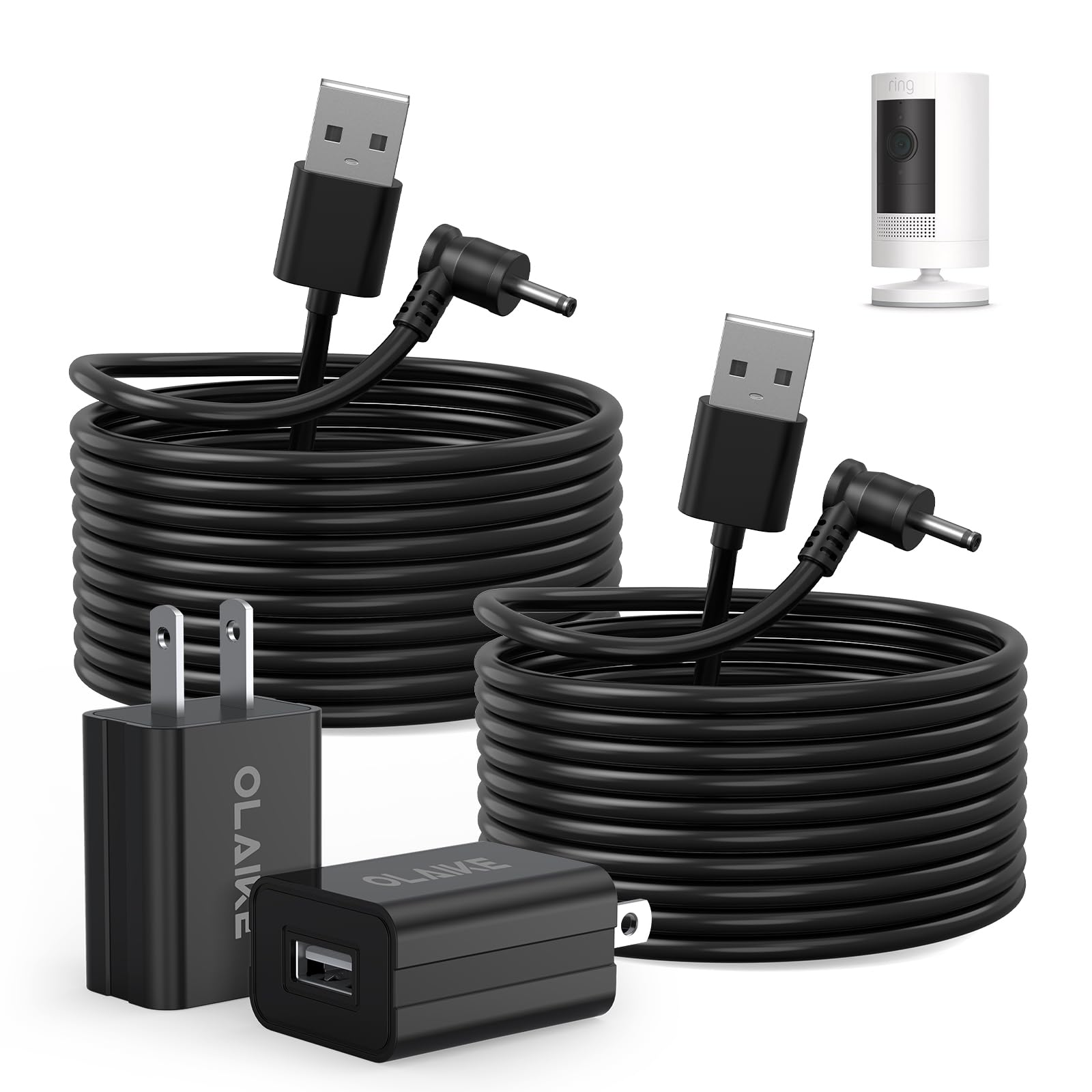 Olaike (2 Pack) 5M/16Ft Charge Cable For Ring Stick Up Cam Battery/Plug In & Ring Spotlight Cam Battery, Weatherproof Power Adap