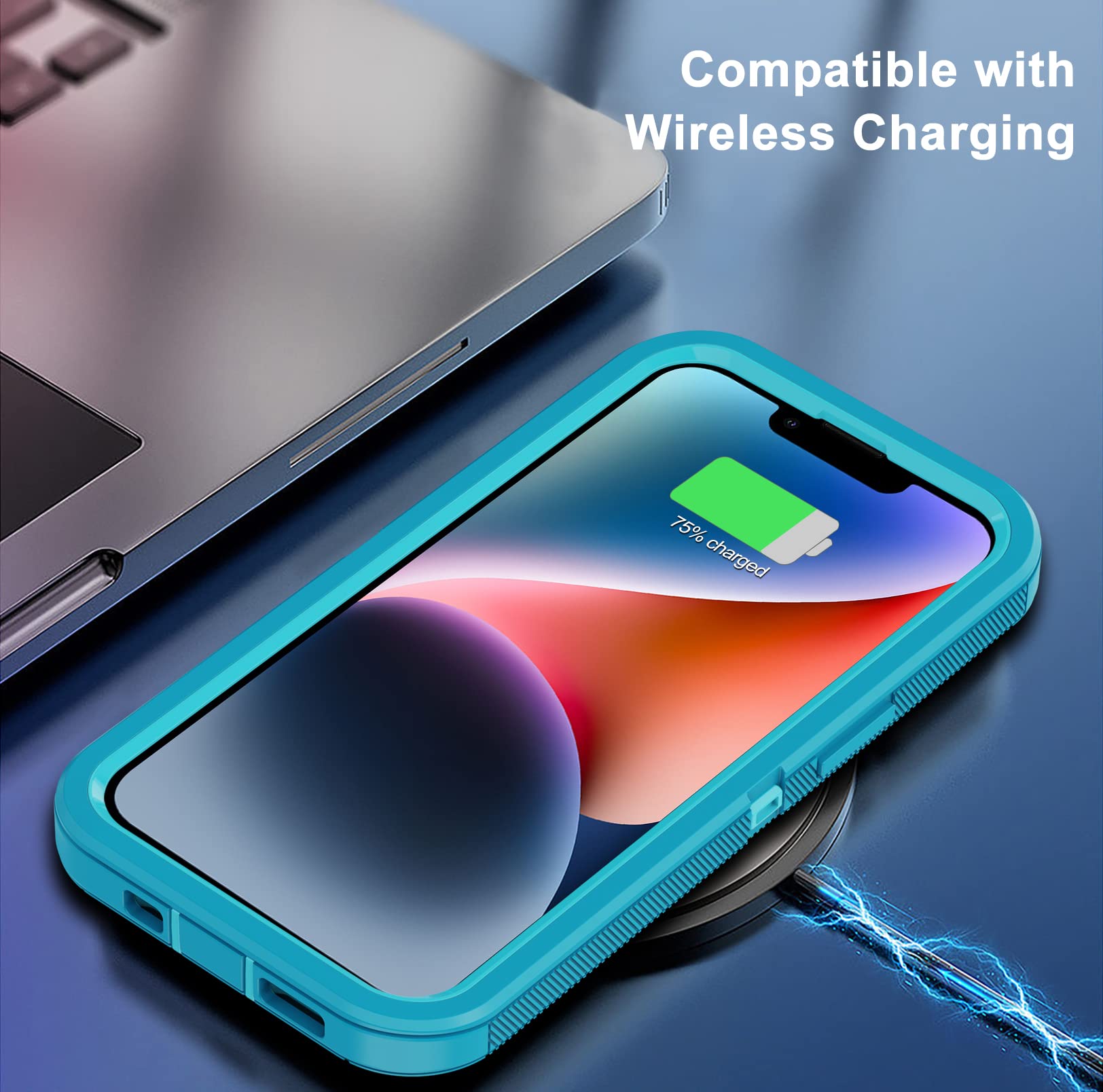 Annymall Iphone 14 Rugged Case (6.1'')   Heavy Duty 3 Layer Shockproof, Dropproof & Dustproof W/ 2 Screen Protectors (Lake/Sky B