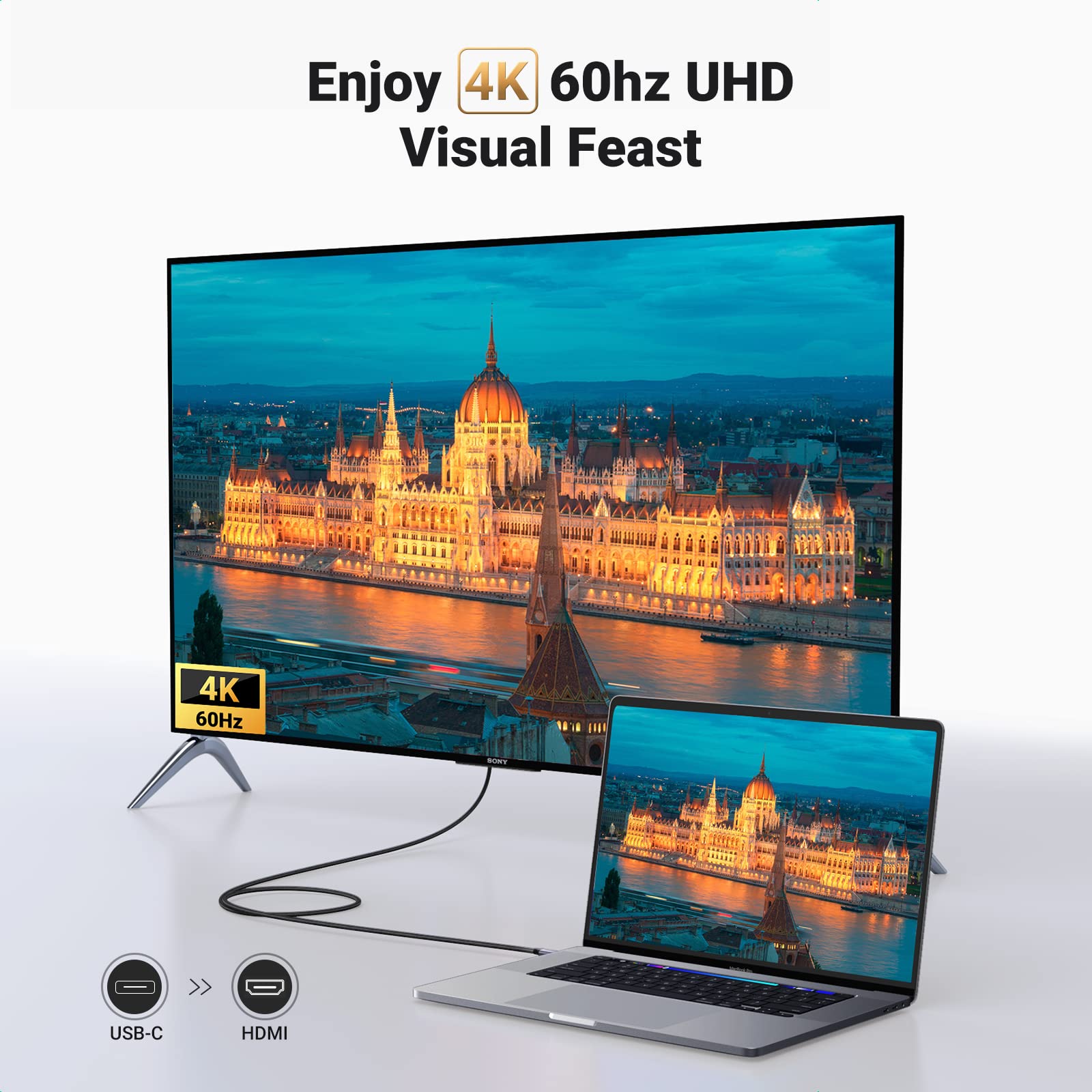 Ugreen Usb C To Hdmi Cable (4K@60Hz) 10Ft, Type C To Hdmi Adapter Thunderbolt 4/3 To Hdmi For Home Office Compatible With Iphone