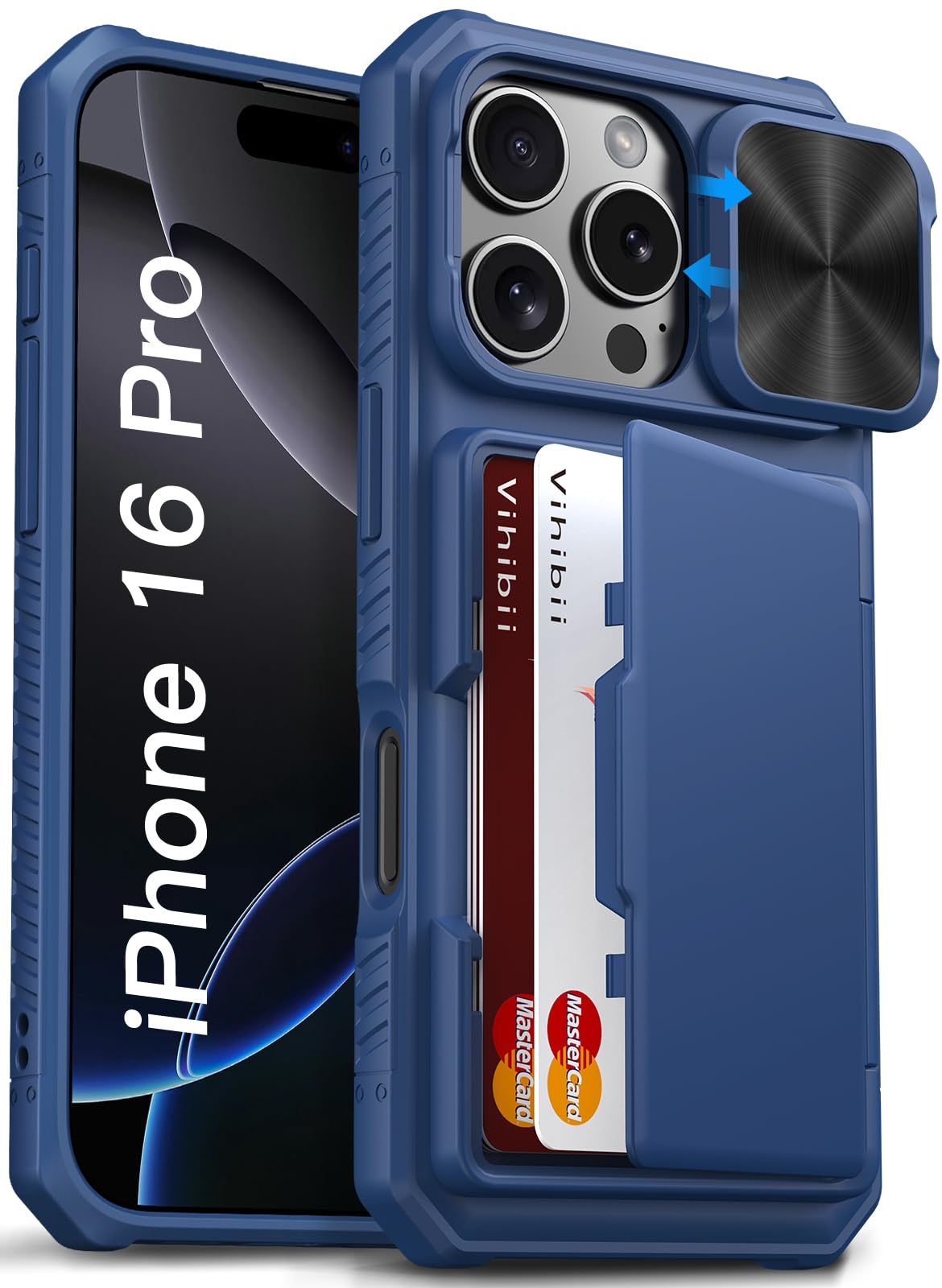 Vihibii For Iphone 16 Pro Wallet Case With Card Holder (4 Cards) [Rfid Blocking] & Slide Camera Cover & Raised Edges Protect Scr