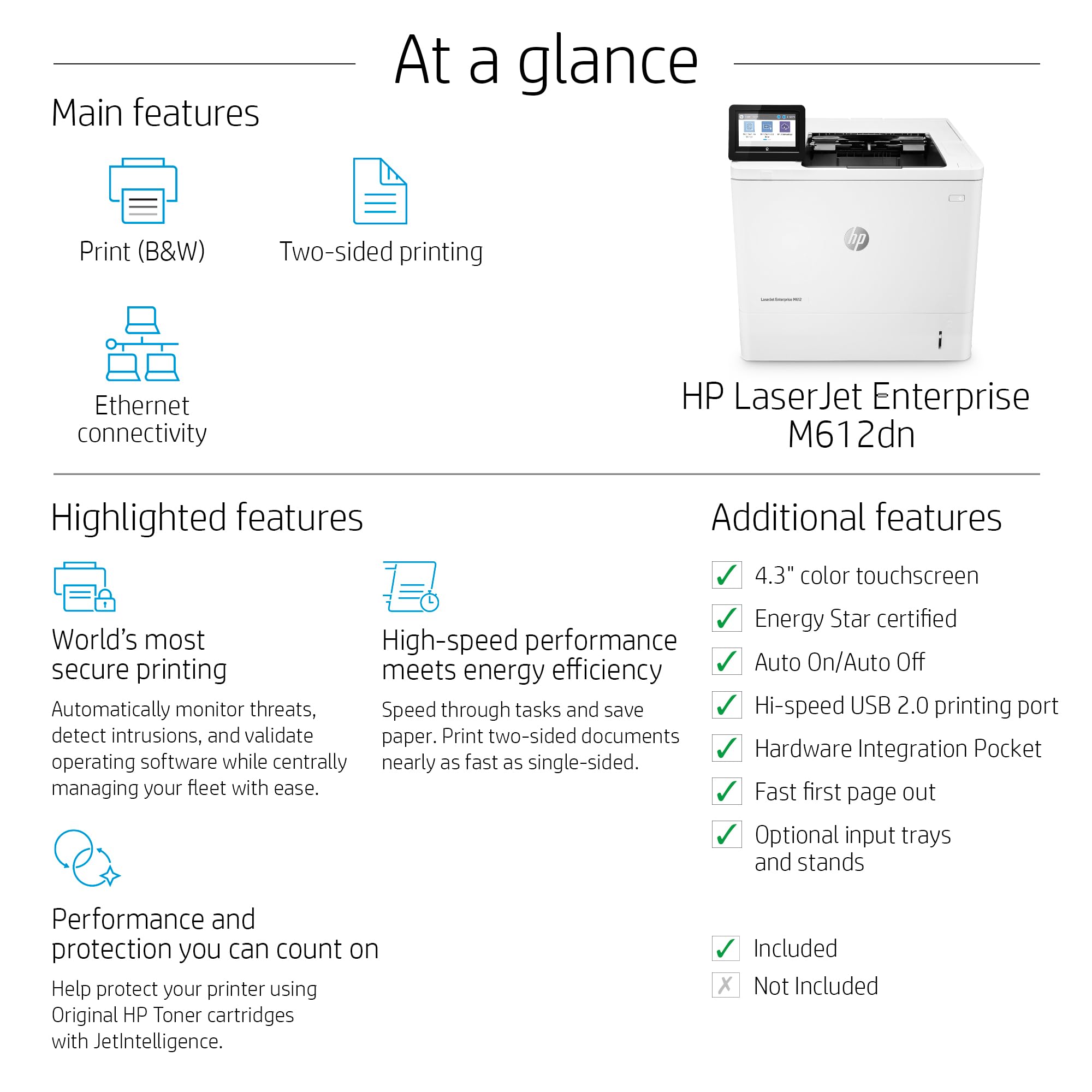 Hp Laserjet Enterprise M612Dn Monochrome Printer With Built-In Ethernet & 2-Sided Printing (7Ps86A)