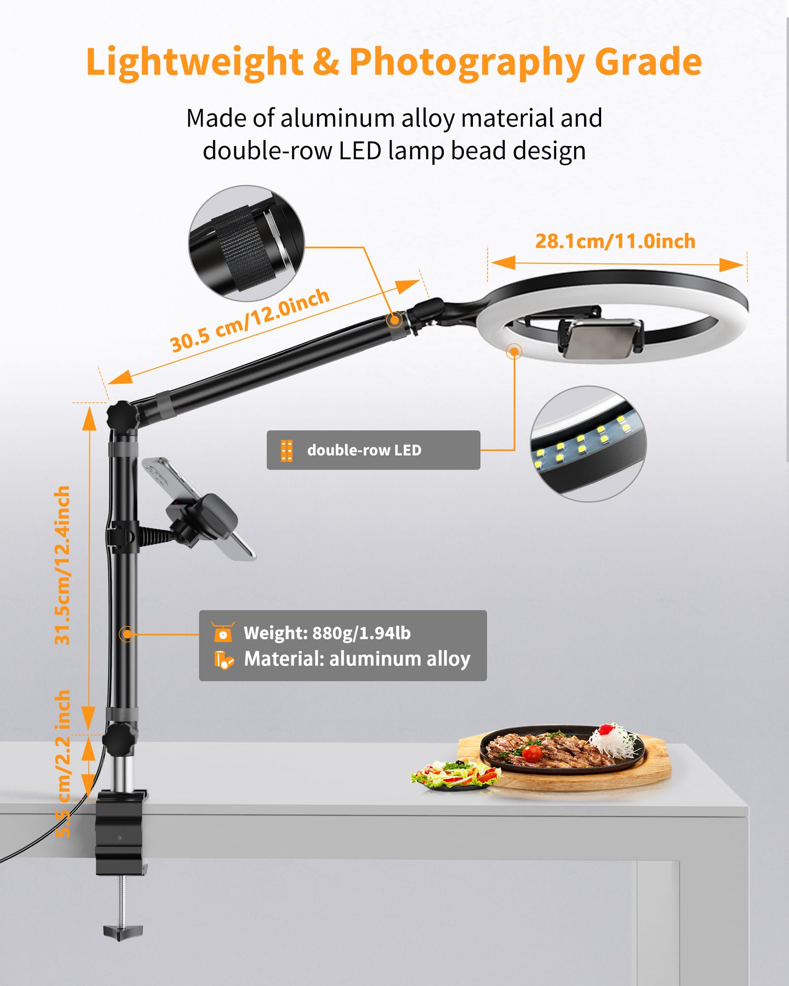 Ring Light With Stand And Phone Holder, Usb 10'' Ring Light For Desk, Overhead Camera Mount With Ringlight, Desk Lamp With Clamp