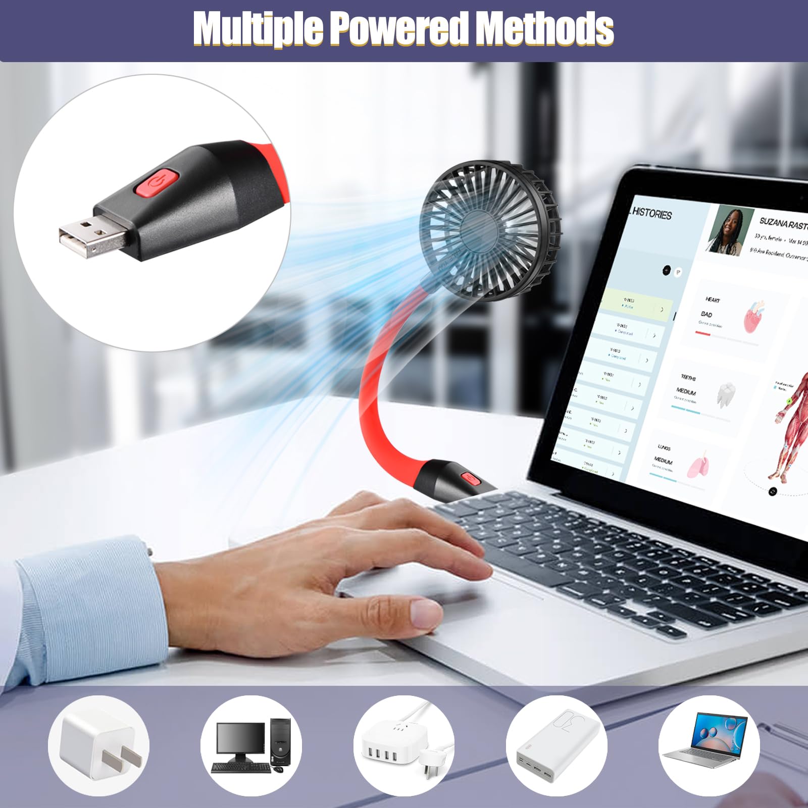 Glovion Usb Fan Mini Desk Fan Usb Powered Personal Fan 3 Speeds Strong Airflow Portable Fan With Night Light, On/Off Button, Fle