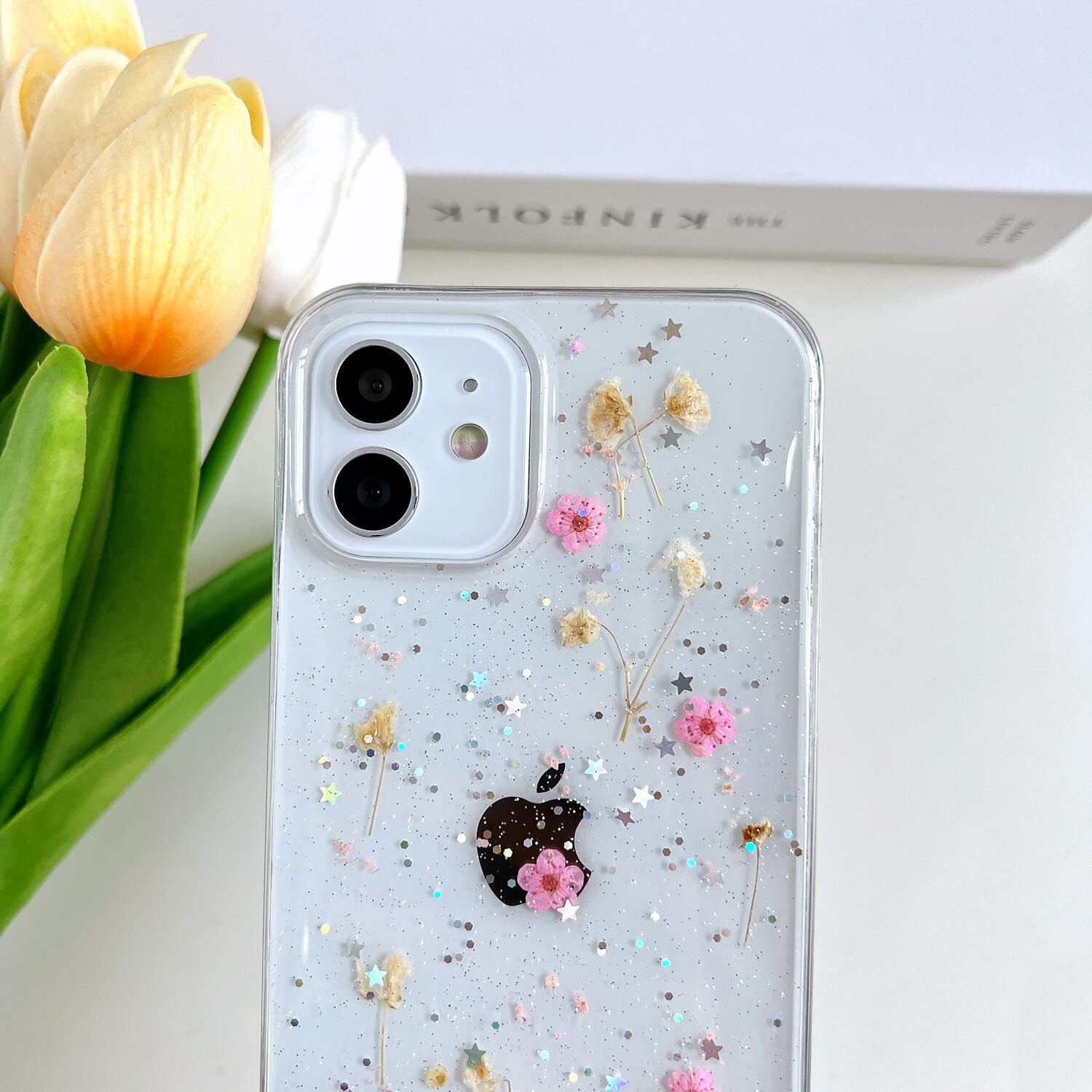 Lseeka For Iphone 12/ Iphone 12 Pro Clear Case With Pressed Real Flowers Design,Glitter Cute Pink Floral Pattern Slim Soft Tpu P