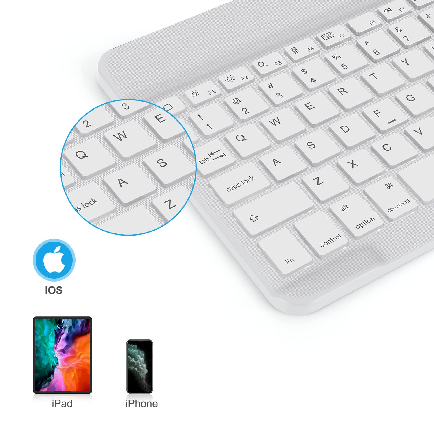 Omoton Bluetooth Keyboard, Wireless Rechargeable Keyboard For Ipad, Ipad Pro, Ipad Mini, Ipad Air With Illuminated Led (White)