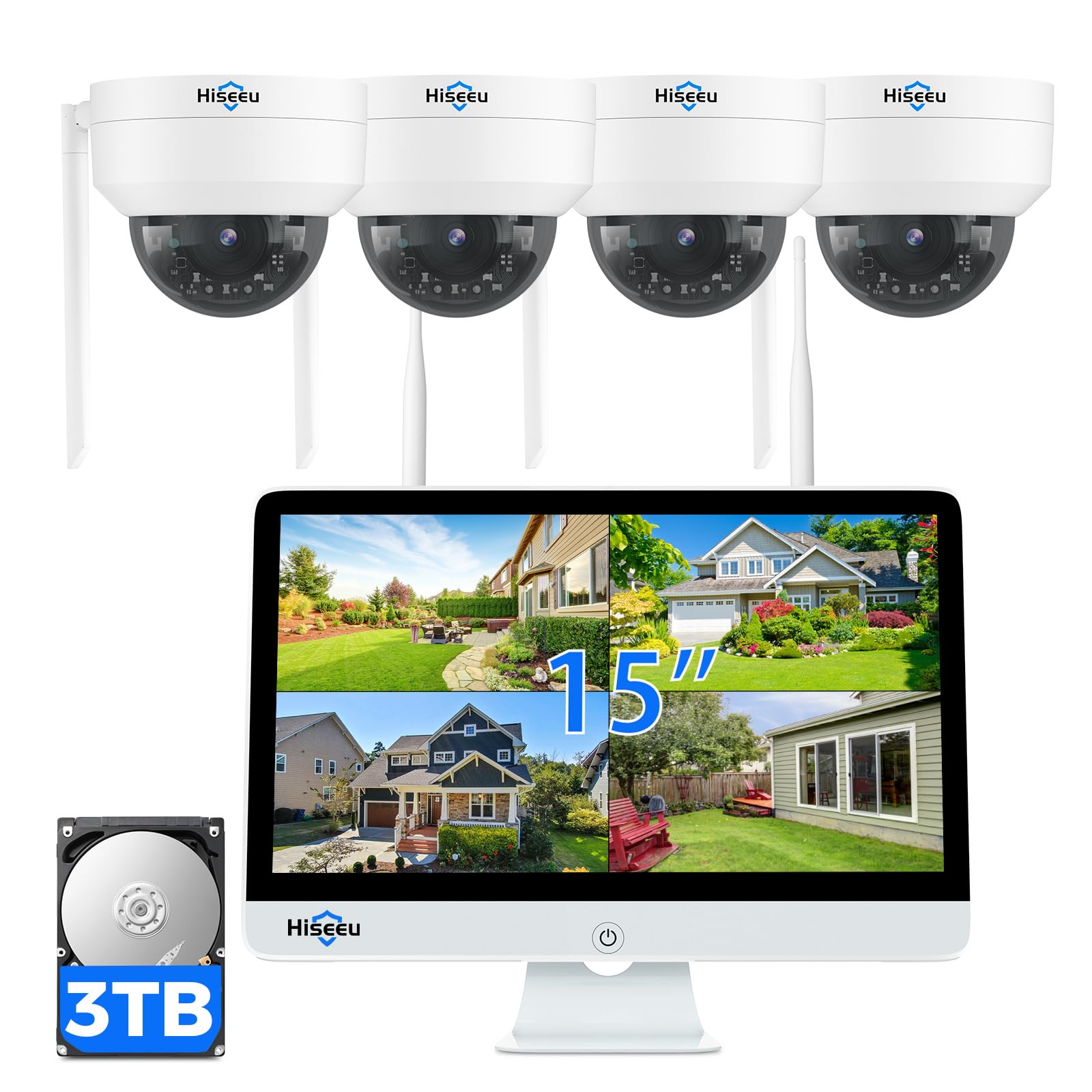 [3Tb Storage] Hiseeu Security Cameras Wireless Outdoor System With 15'' Lcd Monitor 10Ch Nvr,5Mp Ptz Dome Security Cameras Syste