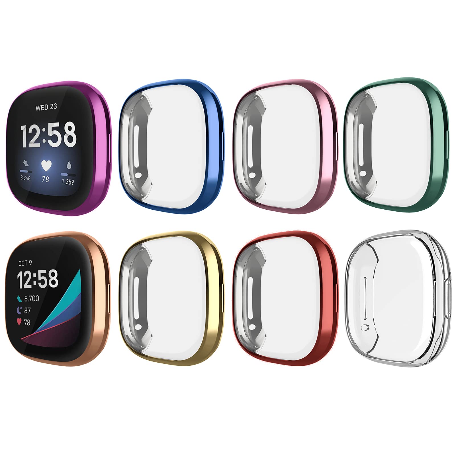 8 Pack Case Compatible With Fitbit Versa 3 / Sense Screen Protector, Ghijkl Ultra Slim Tpu Plated Cover Anti Scratch All Around