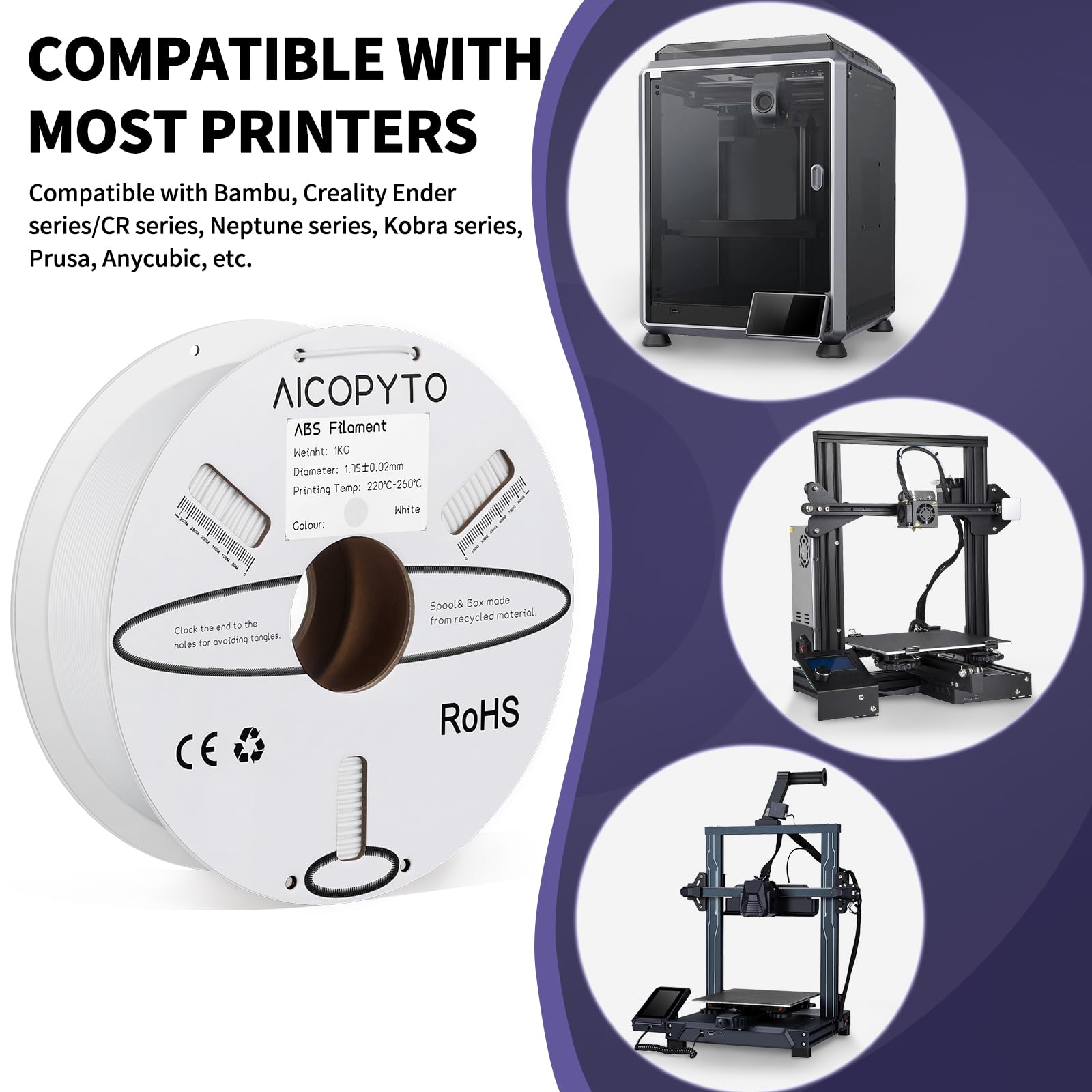 Aicopyto Abs Filament 1.75Mm, 3D Printer Filament Dimensional Accuracy +/- 0.02Mm, 1Kg Cardboard Spool (2.2 Lbs) 3D Printing Fit