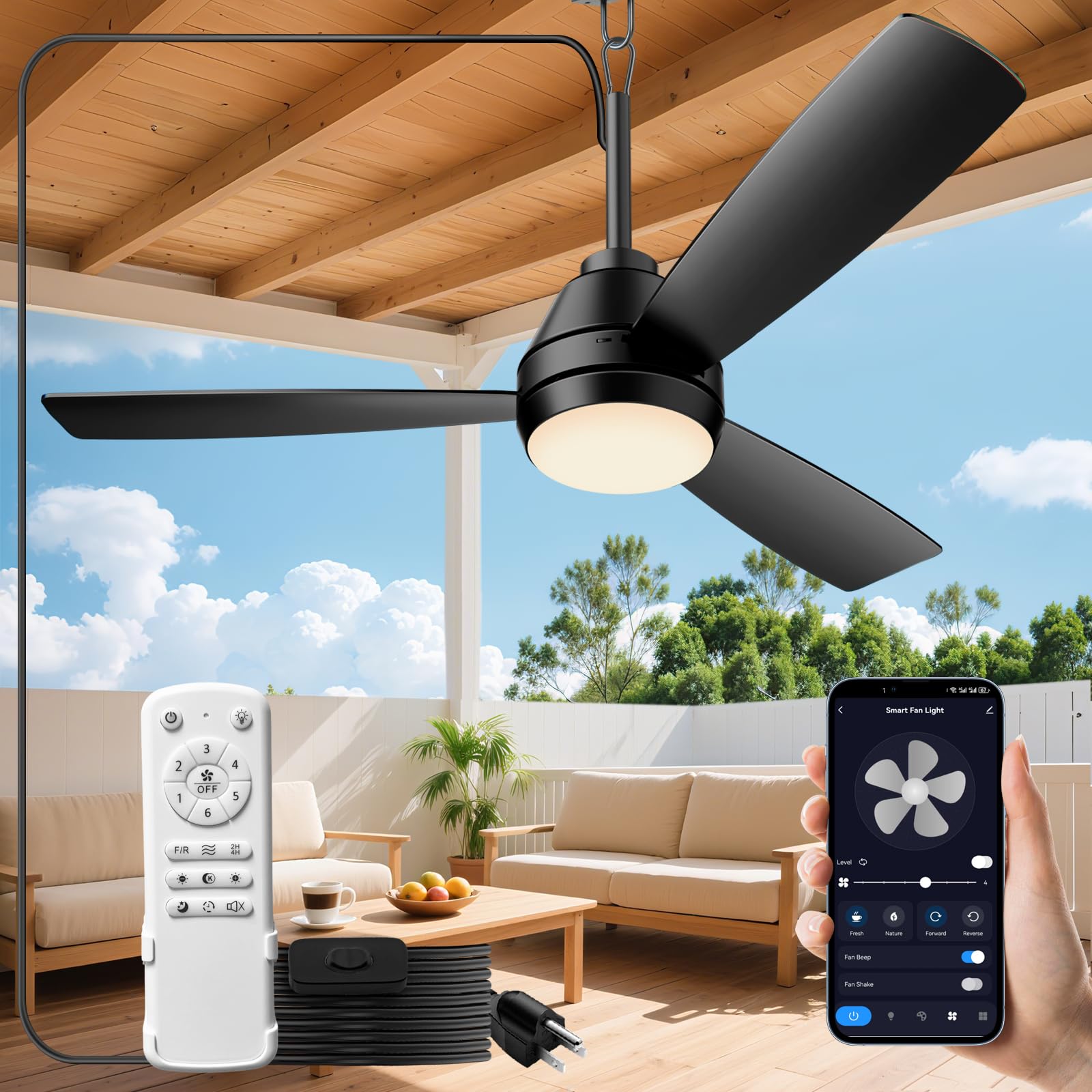 PBLALA 42 Outdoor Ceiling Fans with Lights,Plug in Ceiling Fan Light,Gazebo Fan Light,Hanging with Hook,45W,3CCT,App&Remote Cont