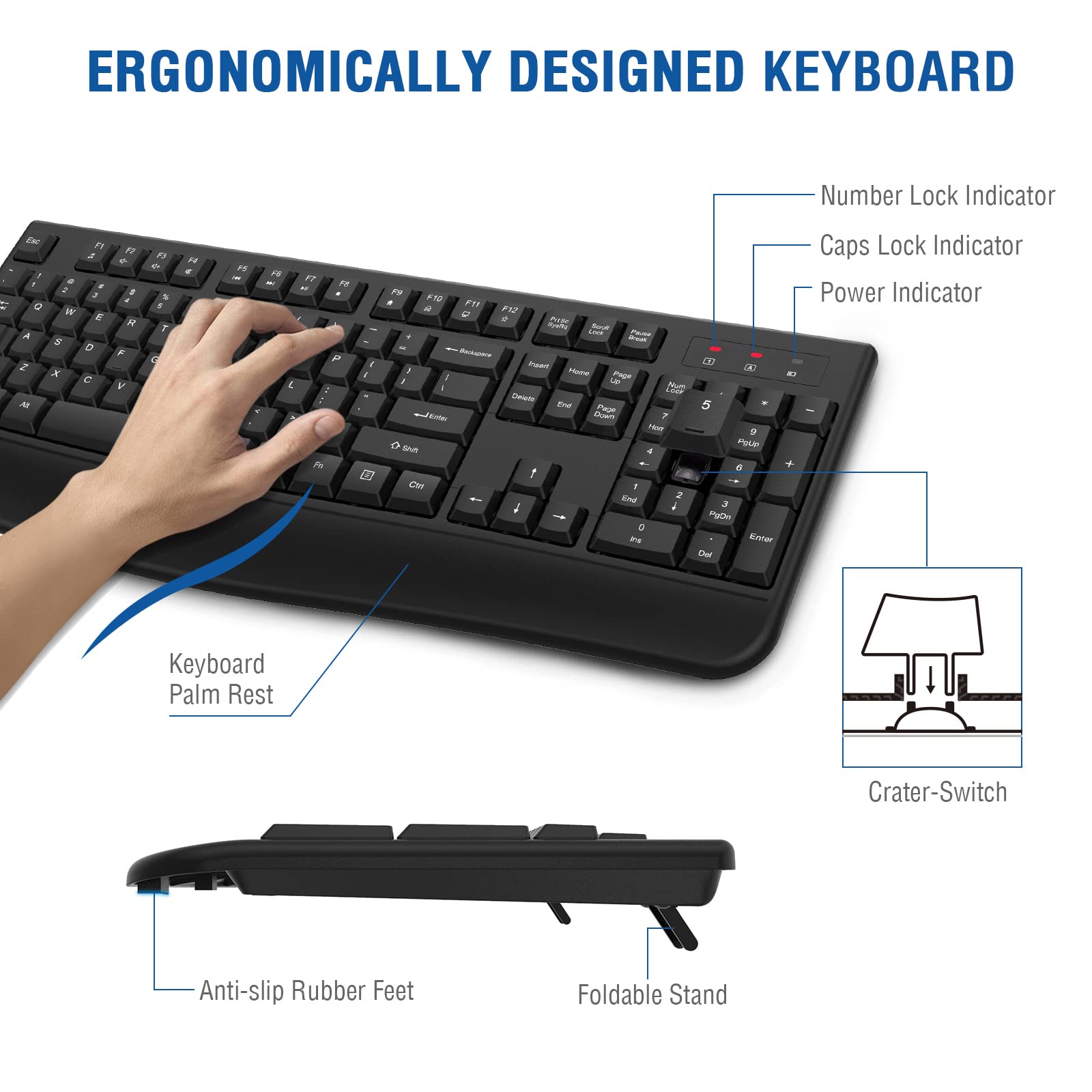 Edjo Wireless Keyboard, 2.4G Ergonomic Full Size Wireless Computer Keyboard With Wrist Rest For Windows, Mac Os Desktop/Laptop/P