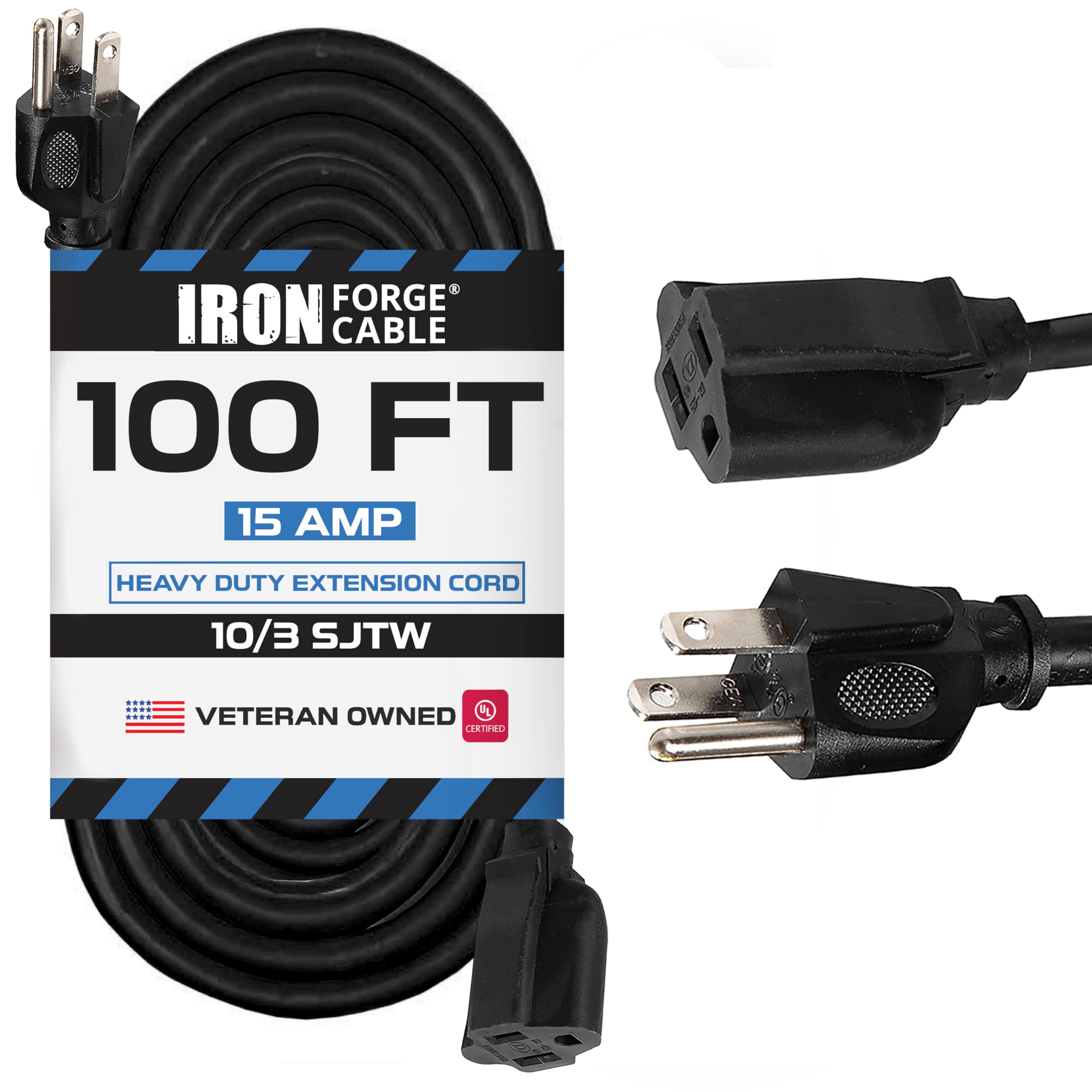 Iron Forge Cable 100 Foot Heavy Duty Extension Cord Outdoor   10/3 Sjtw 10 Gauge Black Extension Cable With 3 Prong Grounded Plu