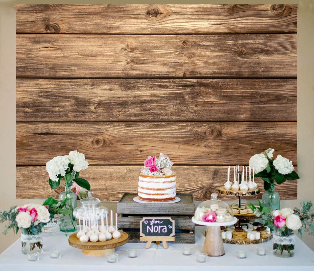 Wolada 7X5Ft Rustic Wood Wall Backdrop Natural Brown Wooden Board Photography Background Baby Shower Birthday Party Cake Table D