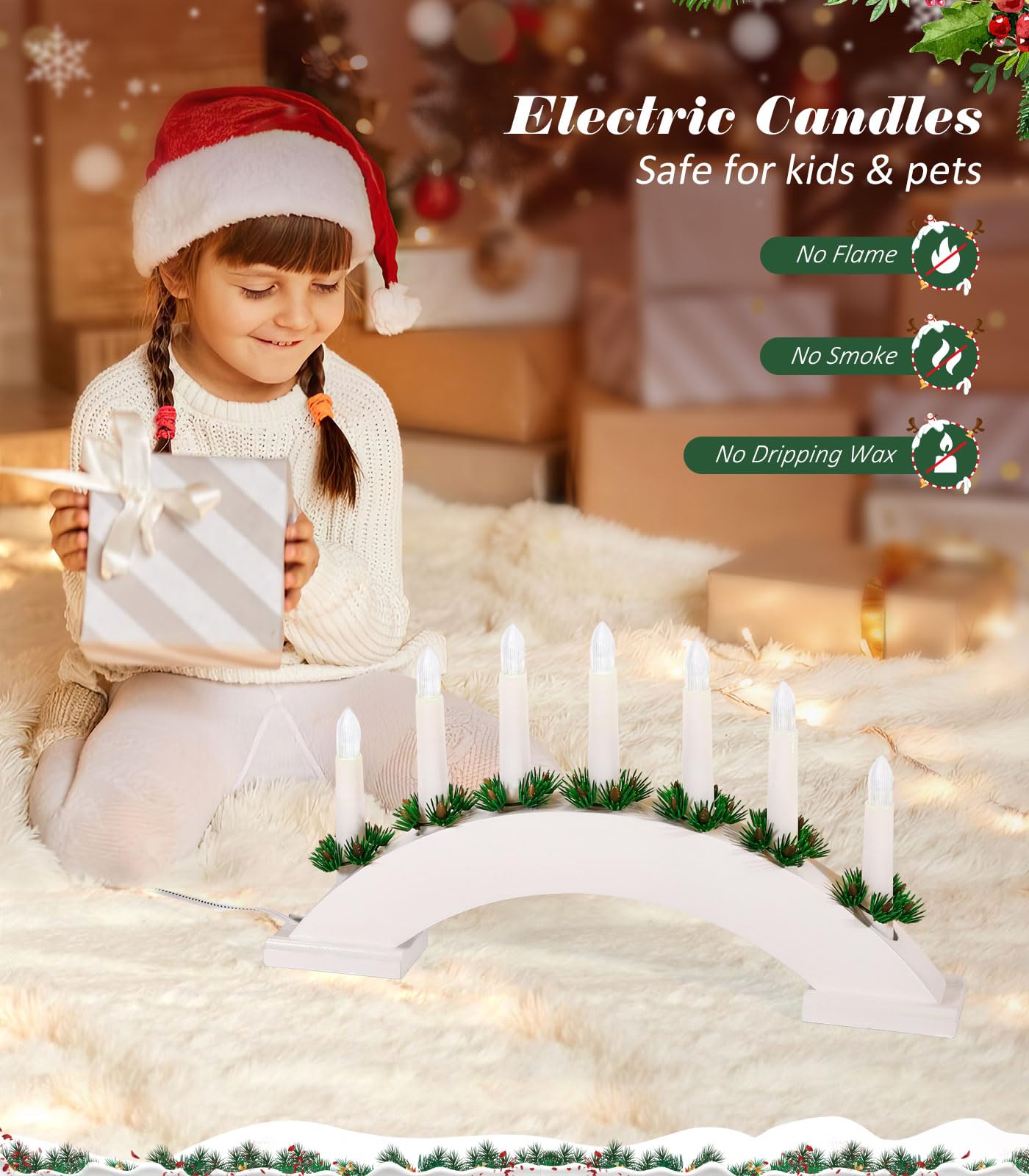 Lewondr Christmas Swedish Candelabra, 7 Taper Flameless Candles With Usb Powered, Christmas Window Candle Light With Pine Needle