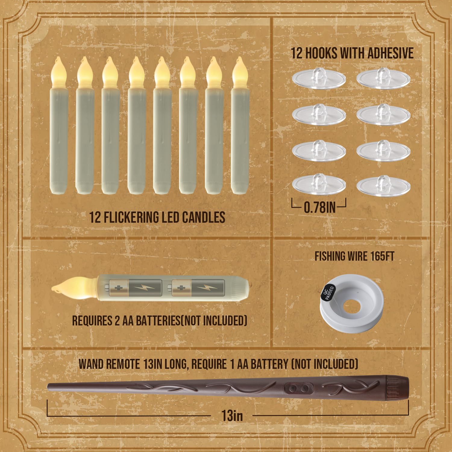 Floating Candles With Wand, 12 Pcs Magic Hanging Candles Flameless, Flickering Warm Light Led Taper Candle With Wand Remote, Bat