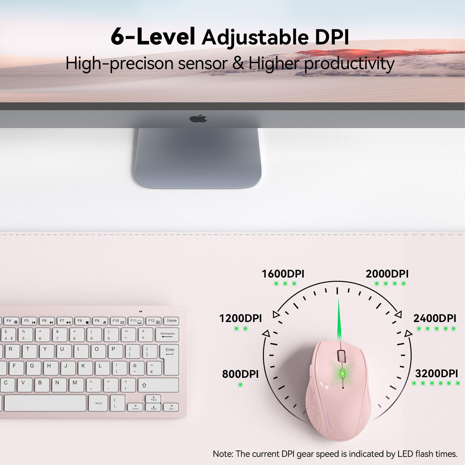Tecknet Wireless Mouse, 2.4G Usb Computer Mouse With 6 Level Adjustable 4800 Dpi, 30 Months Battery, Ergonomic Grips, 6 Buttons Portable For Pc, Chromebook, Mac   Pink