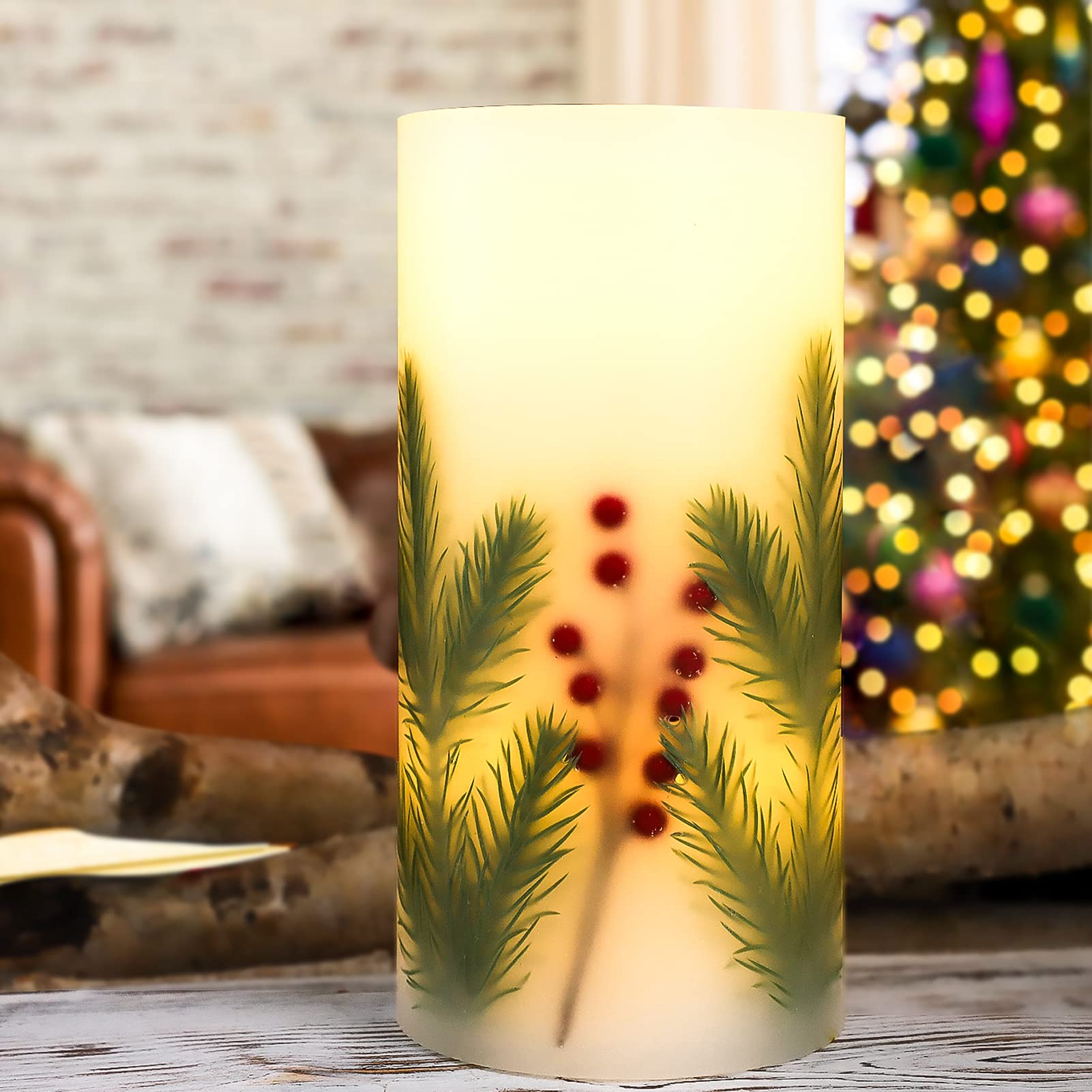 Flavcharm Led Candle 4 Inch By 8 Inch Embedded Pine Needle With Red Berry Handmade Craft Decorative Pillar Flickering Candle Bat