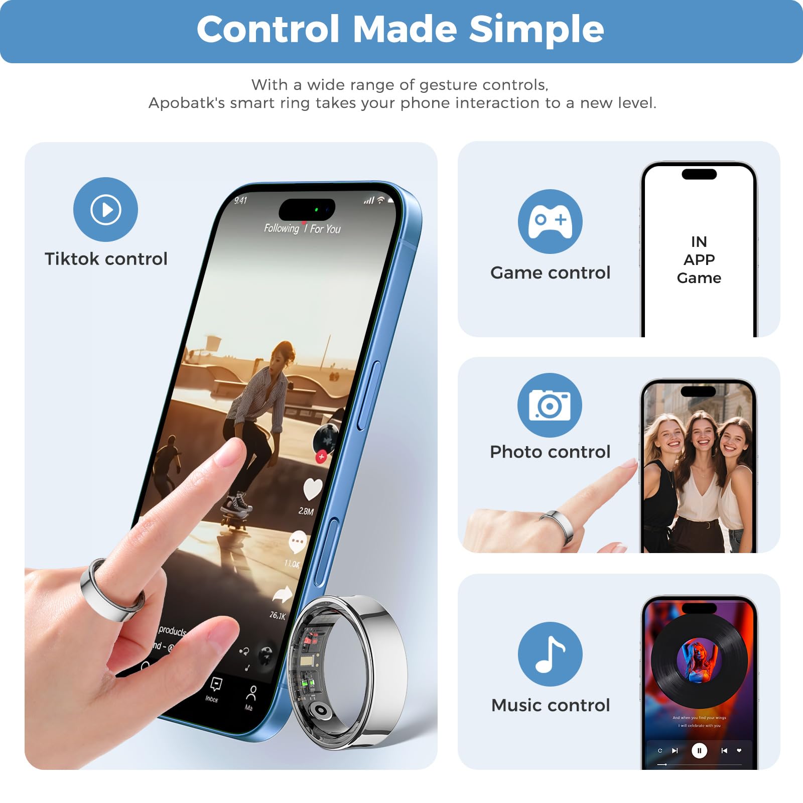 Smart Ring For Men And Women, Silver Fitness Tracker Ring With Heart Rate, Sleep Tracking, Step Counter, 170+ Activity Modes, Ge