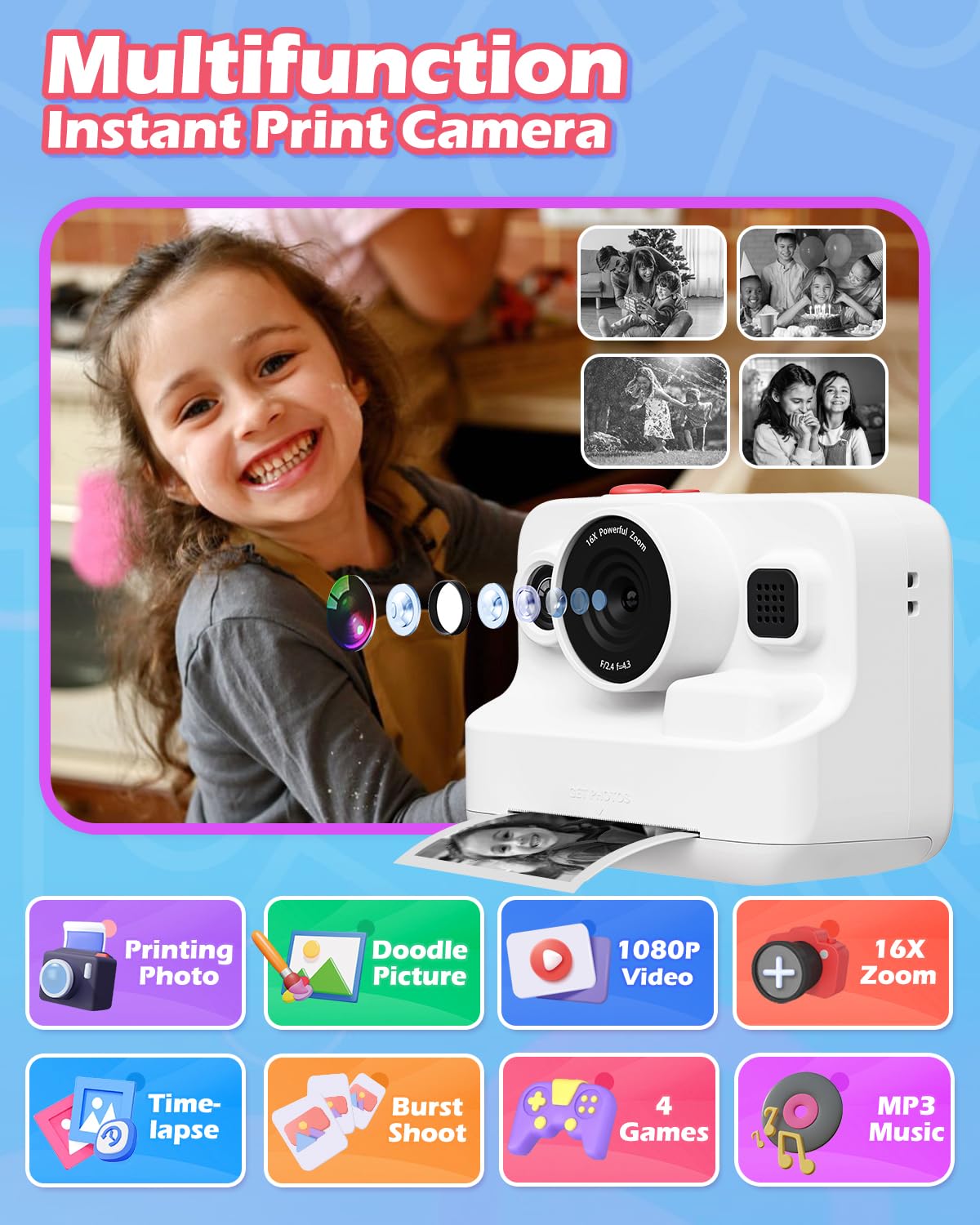 Anchioo Kids Camera Instant Print, 1080P Kids Digital Camera With Printer Paper, Christmas Birthday Gift For Girls Boys Age 3 12