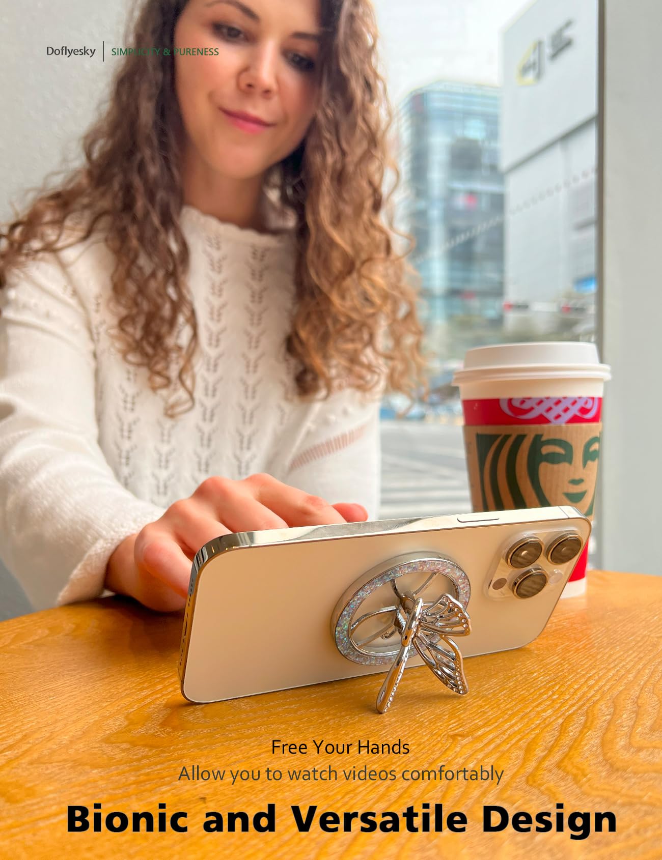 Doflyesky Magnetic Phone Grip For Magsafe, Butterfly Phone Grip Holder Finger Kickstand, Adapter Ring For Magsafe Included (Silv