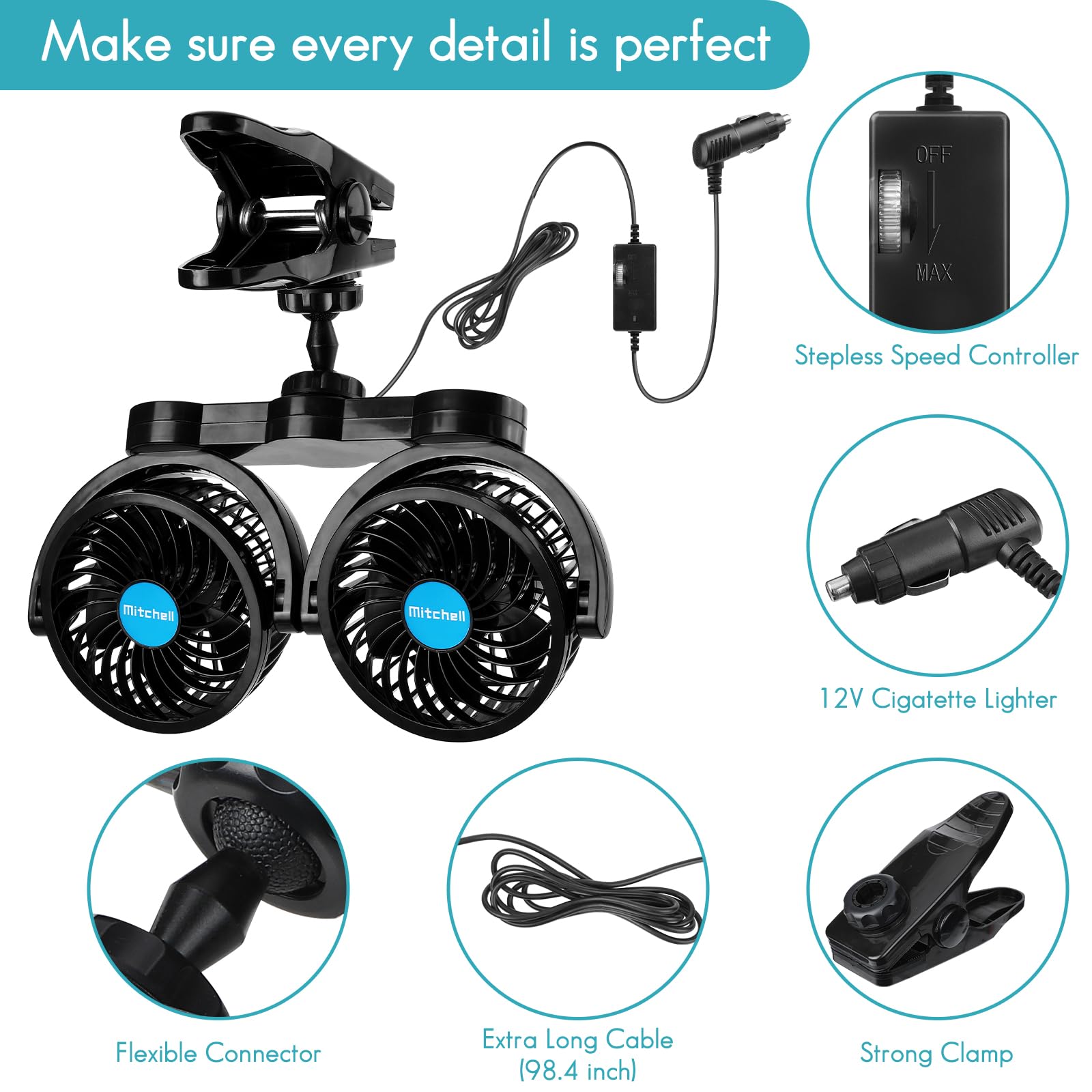 Car Fan 12V, Dual Head 4 Inches Clip Fan For Car 360 Rotatable Car Cooling Fan For Front/Back Seat Passenger, Adjustable Car Coo
