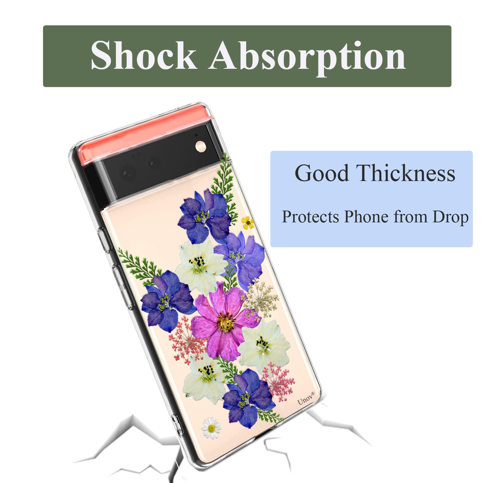 Unov Pixel 6 Phone Case Clear Soft TPU Shock Absorption Embossed Flower Pattern Very Peri Bouquet