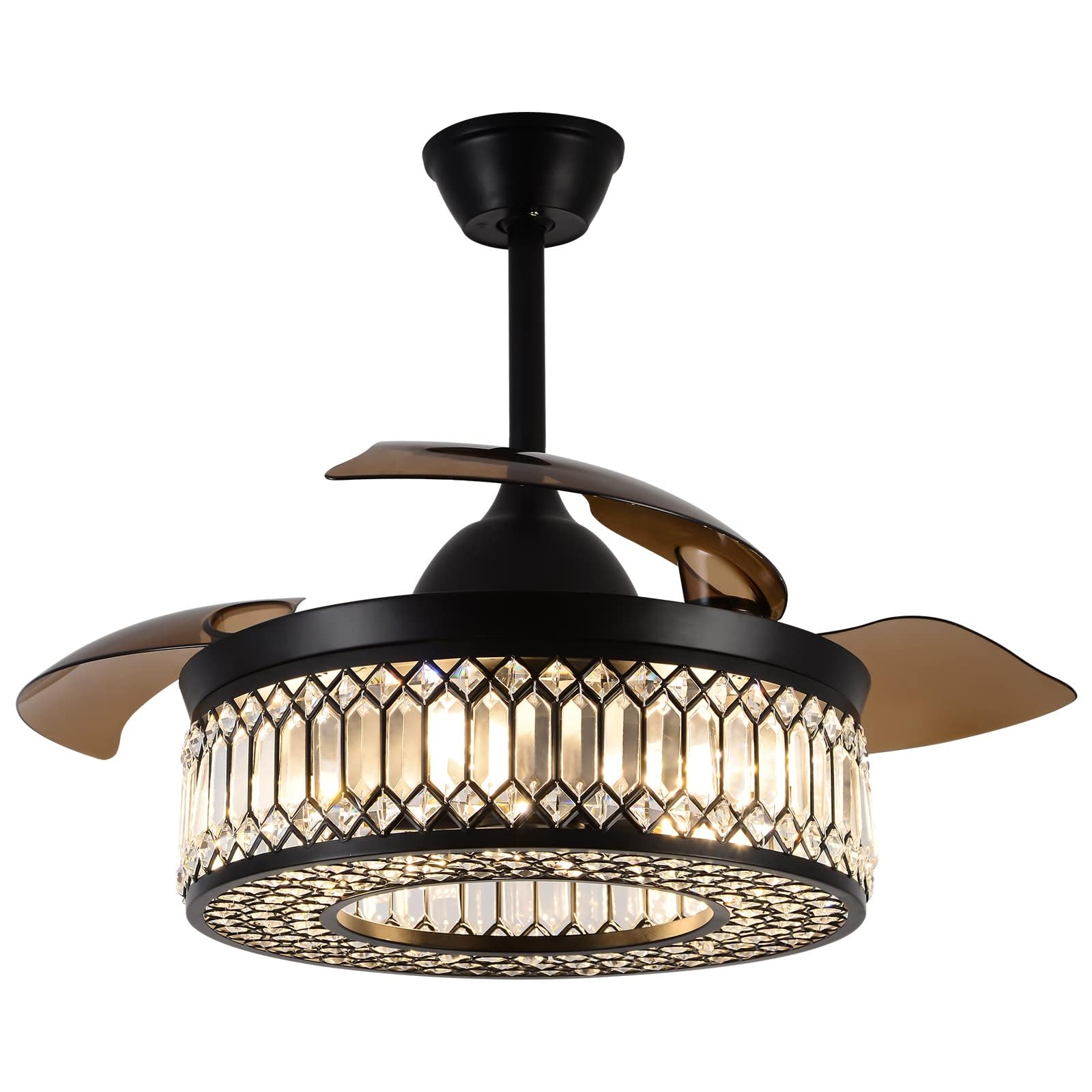 42 Inch Retractable Ceiling Fans With Lights And Remote, Modern Industrial Black Fandelier With 3 Retractable Abs Blades, Invisi