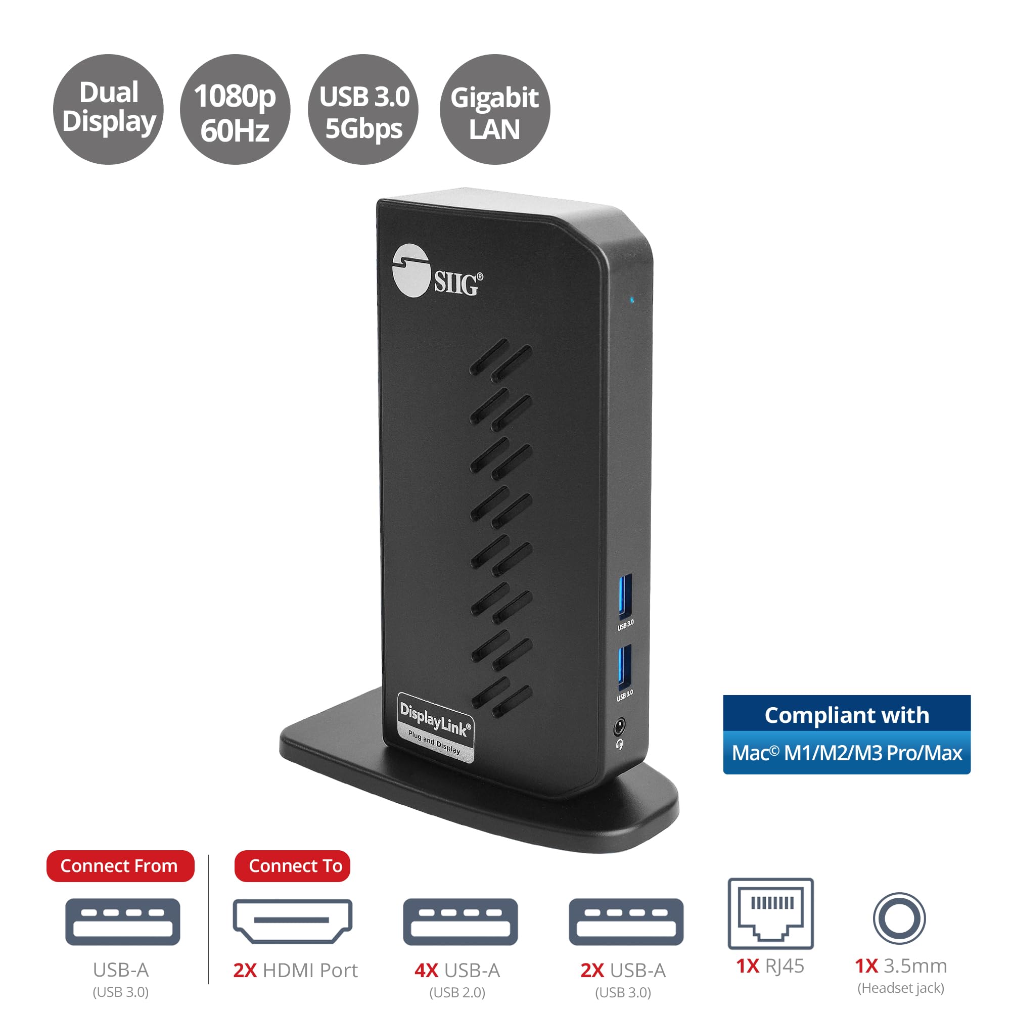 Siig Usb 3.0 Dual Monitor Docking Station - Up To 1080P, 2X Hdmi Ports, 2X Usb 3.0 Ports, 4X Usb 2.0, Gigabit Ethernet, 3.5Mm He