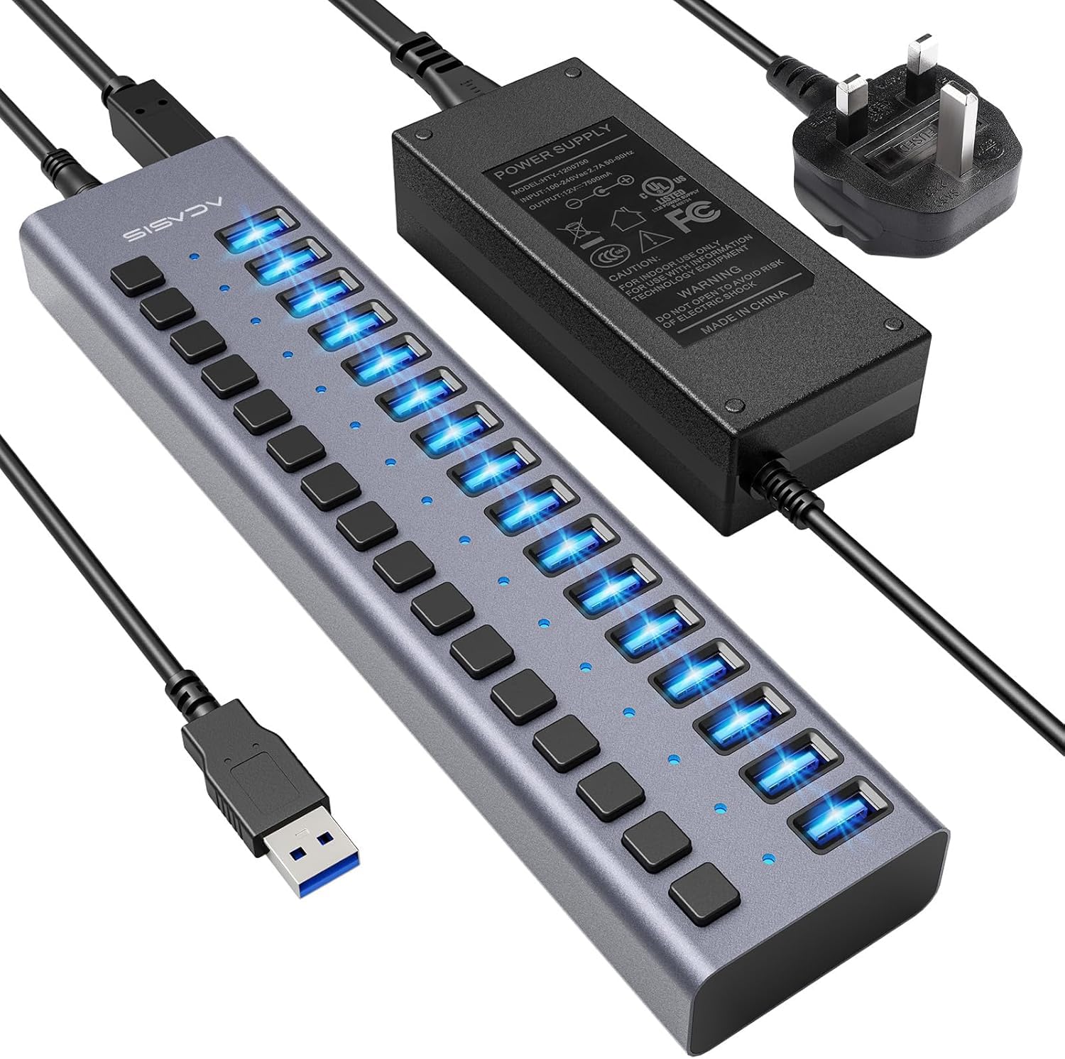 90W Powered Usb Hub   Acasis 16 Ports Usb 3.0 Data Port, Aluminum Housing, Individual On/Off Switches, 12V/7.5A Power Adapter, Usb Splitter For Laptop, Pc, Computer, Printer