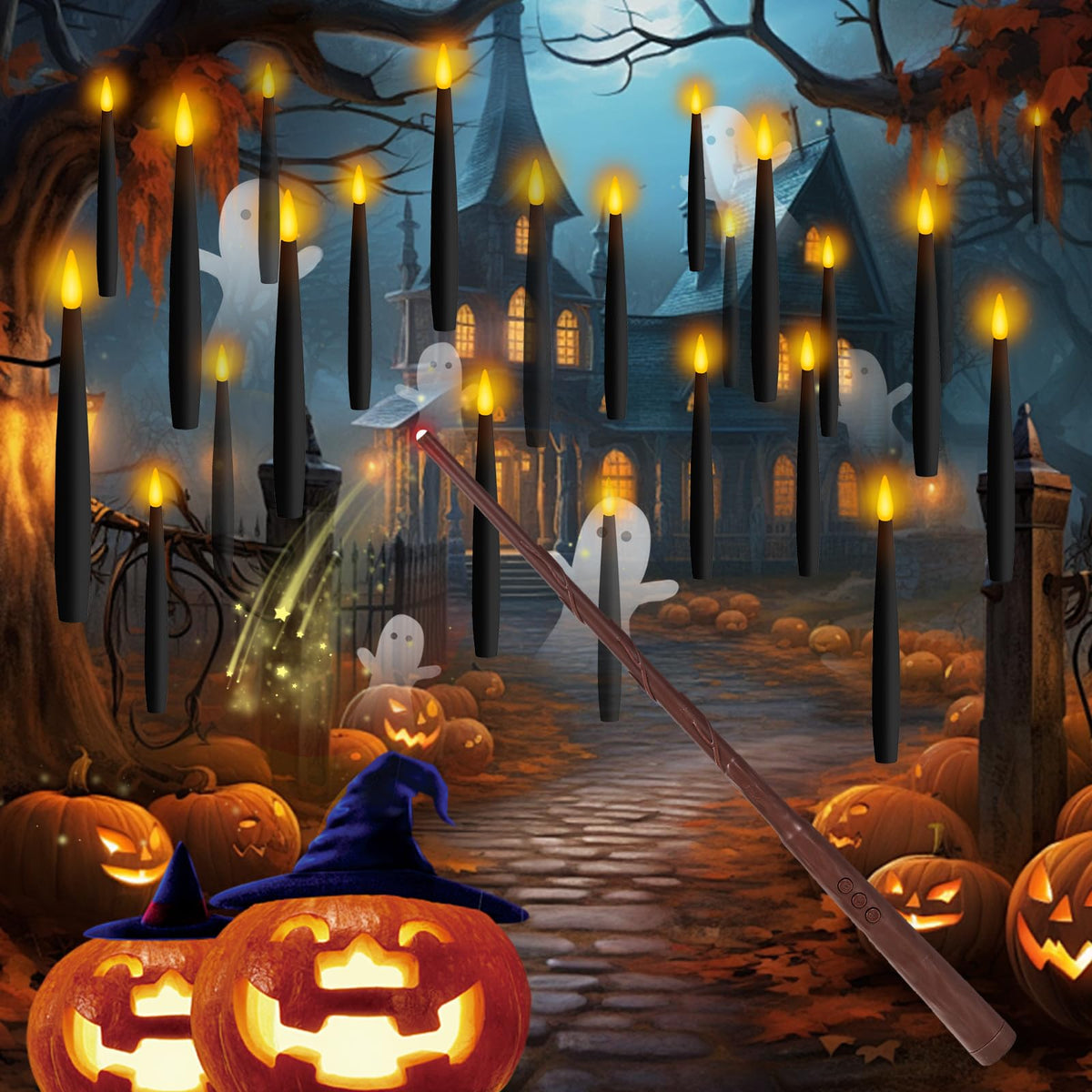 Nurada Floating Candles For Halloween Decorations - Led Hanging Flameless Taper Candles With Magic Wand Remote Timer Flickering 