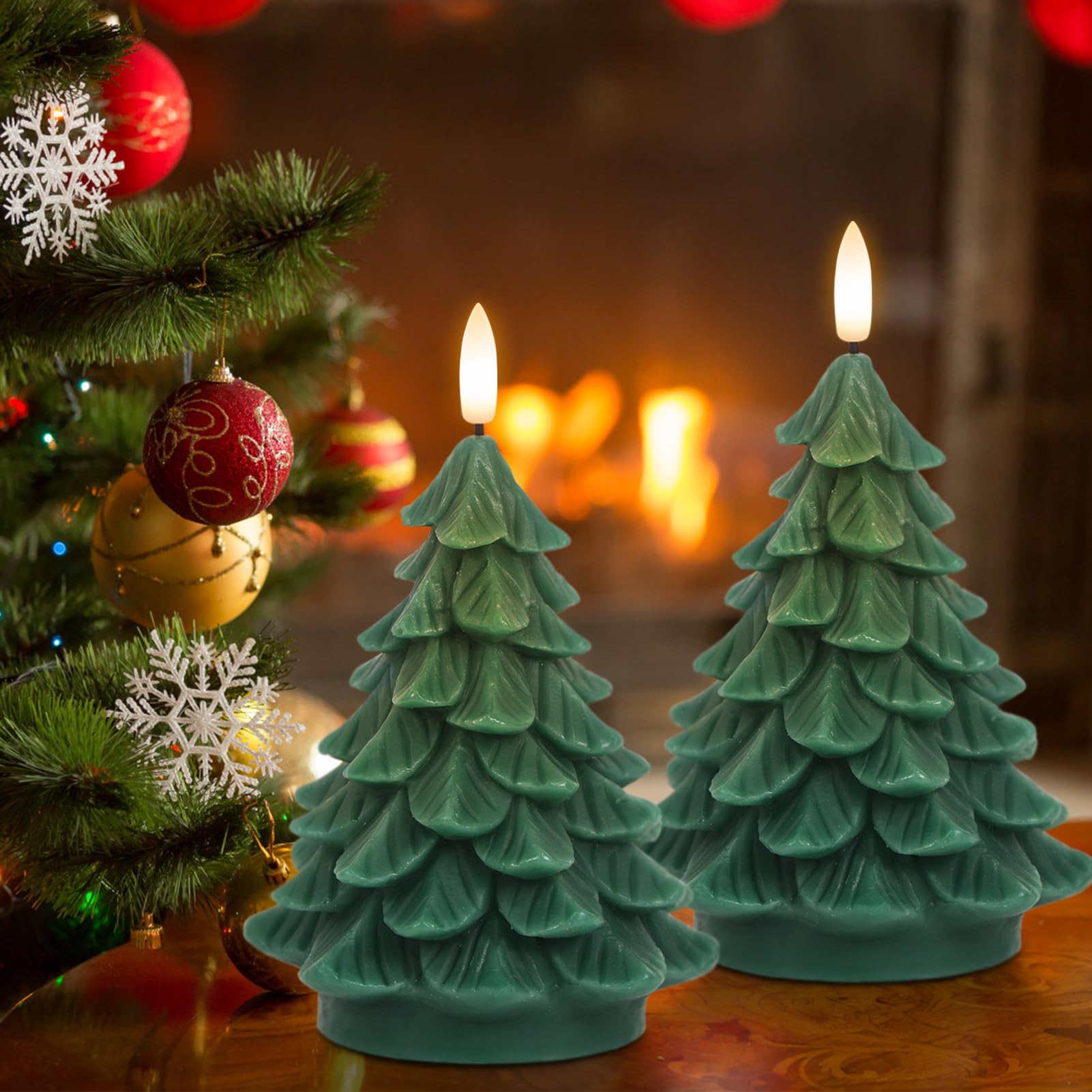 Dromance Christmas Tree Flameless Candles Battery Operated With 6 Hour Timer, 2 Pack Green Real Wax Lifelike Leaves 3D Wick Led