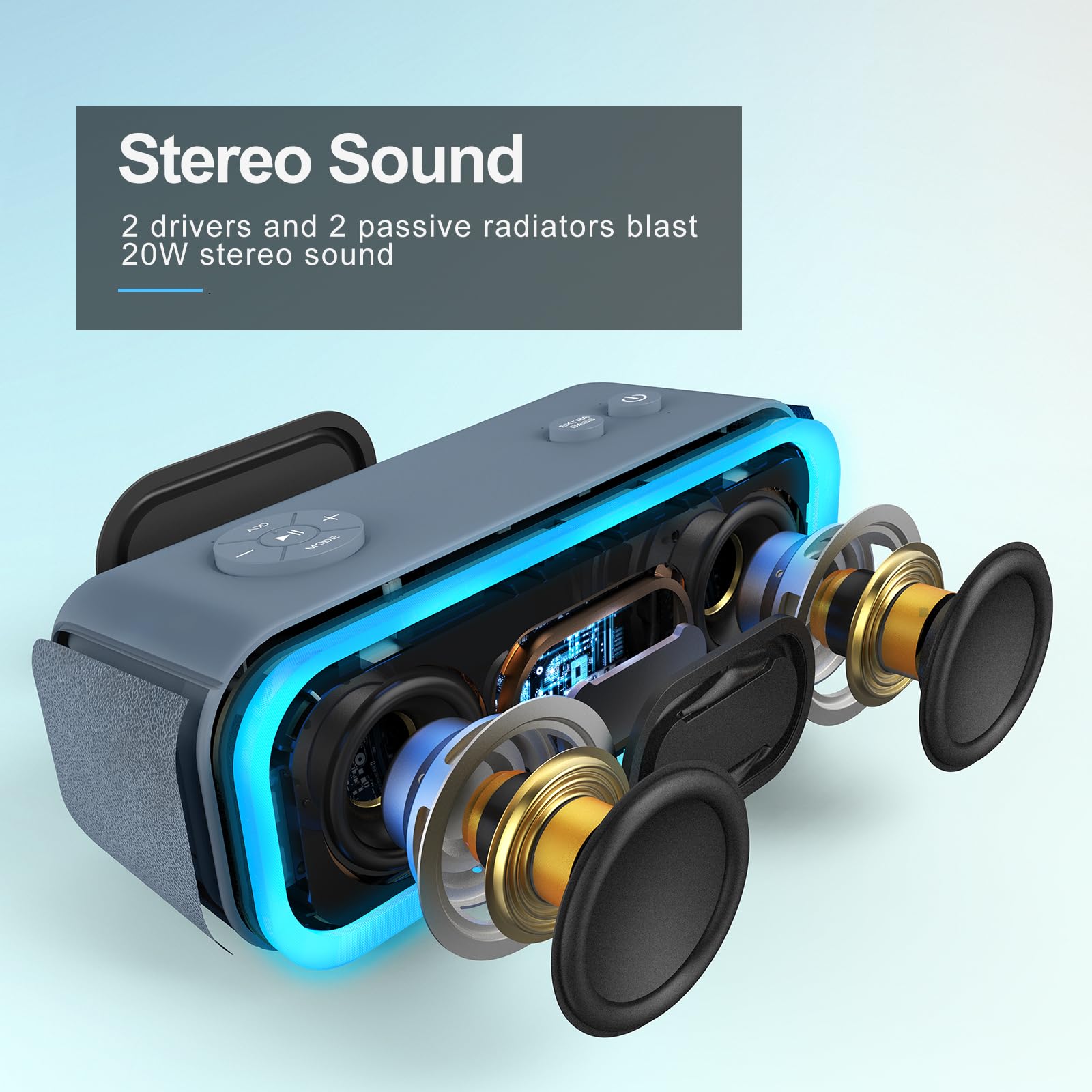 Doss Soundbox Pro Bluetooth Speaker With 20W Stereo Sound, Active Extra Bass, Ipx6 Waterproof, Tws Pairing, Multi Colors Lights, 20H Playtime, Portable For Beach, Outdoor Stone Blue