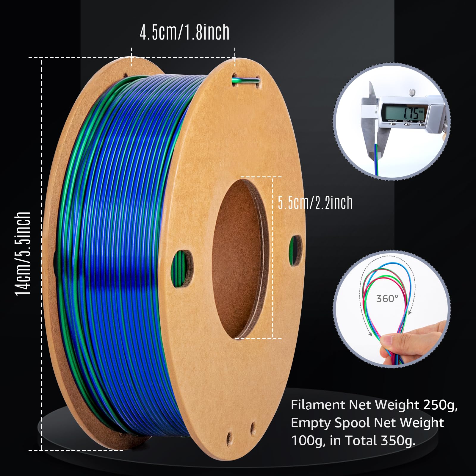Dikale Silk Pla+ Pro 1.75Mm 3D Printer Filament - 4 Spool Multi-Color Bundle (250Gx4) With Rose Red/Sky Blue/Green/Dark Blue- Tr