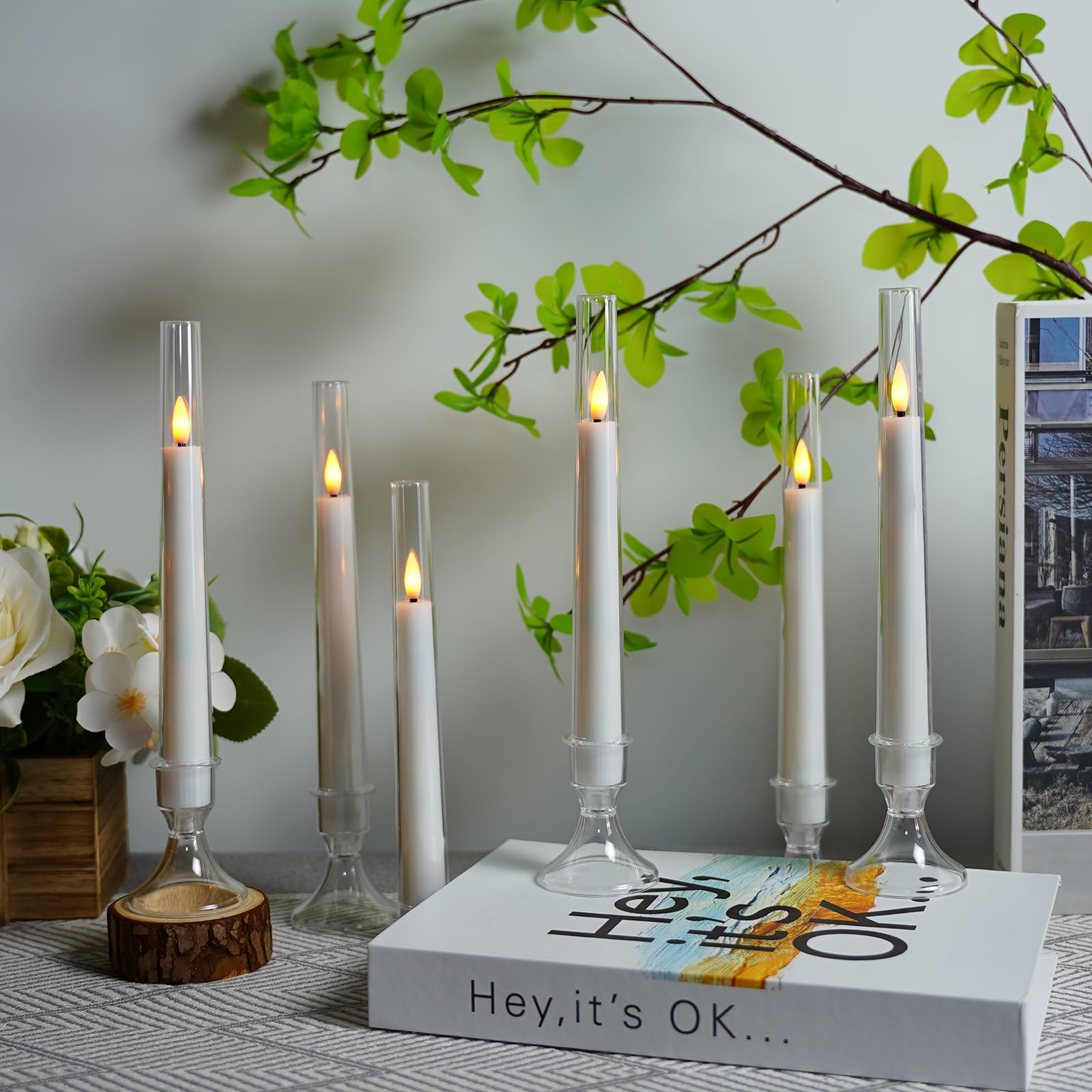 Lezonic Flameless Windows Candles Battery Operated With Timer Remote, 6Pcs White Acrylic Flameless Candlesticks With Holders, Le