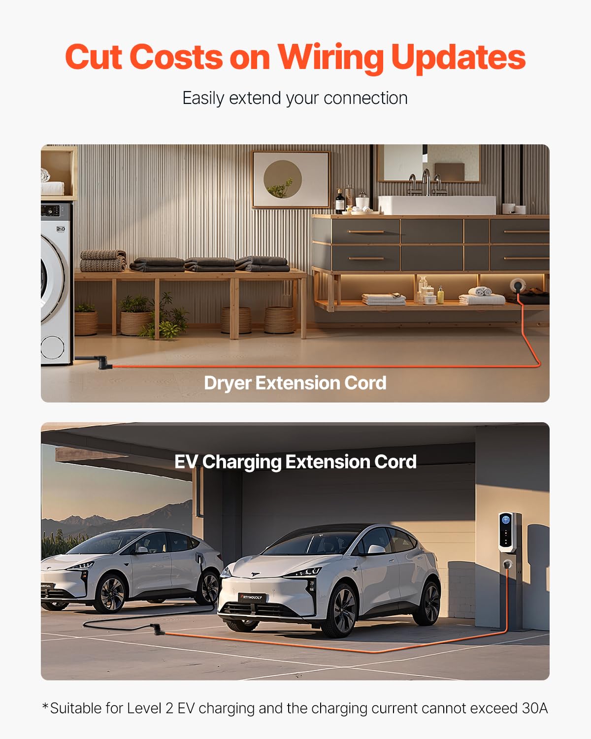 Vevor 50 Ft Dryer Extension Cord, 3-Prong Nema 10-30P To 10-30R Dryer Cord, 125V/250V Stw 10Awg/3C, 30A, Pure Copper Wire Cable