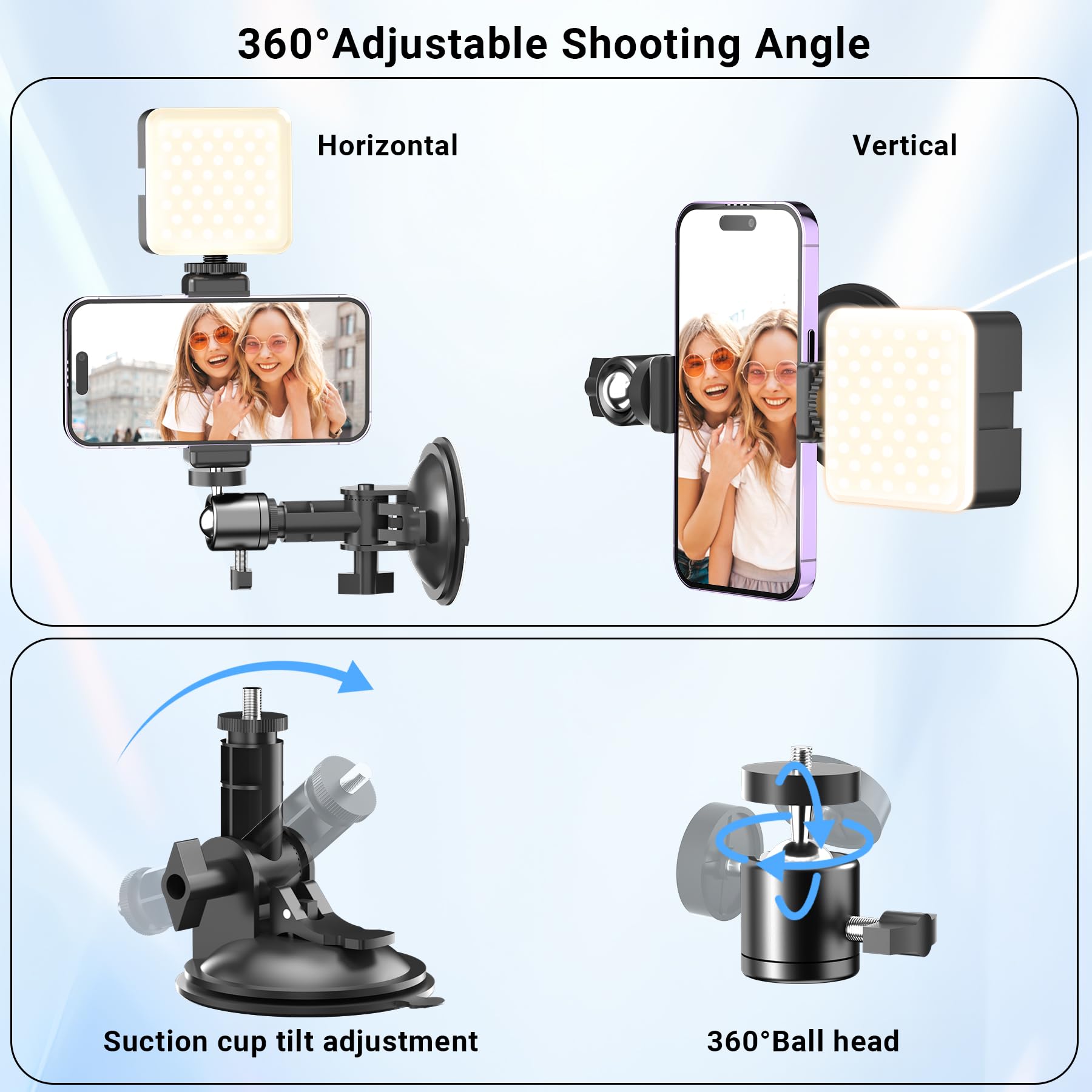 Suction Cup Mirror Phone Holder With Rechargeable Light, Versatile Wall Phone Mount For Content Creator, Mirror Tripod For Car B