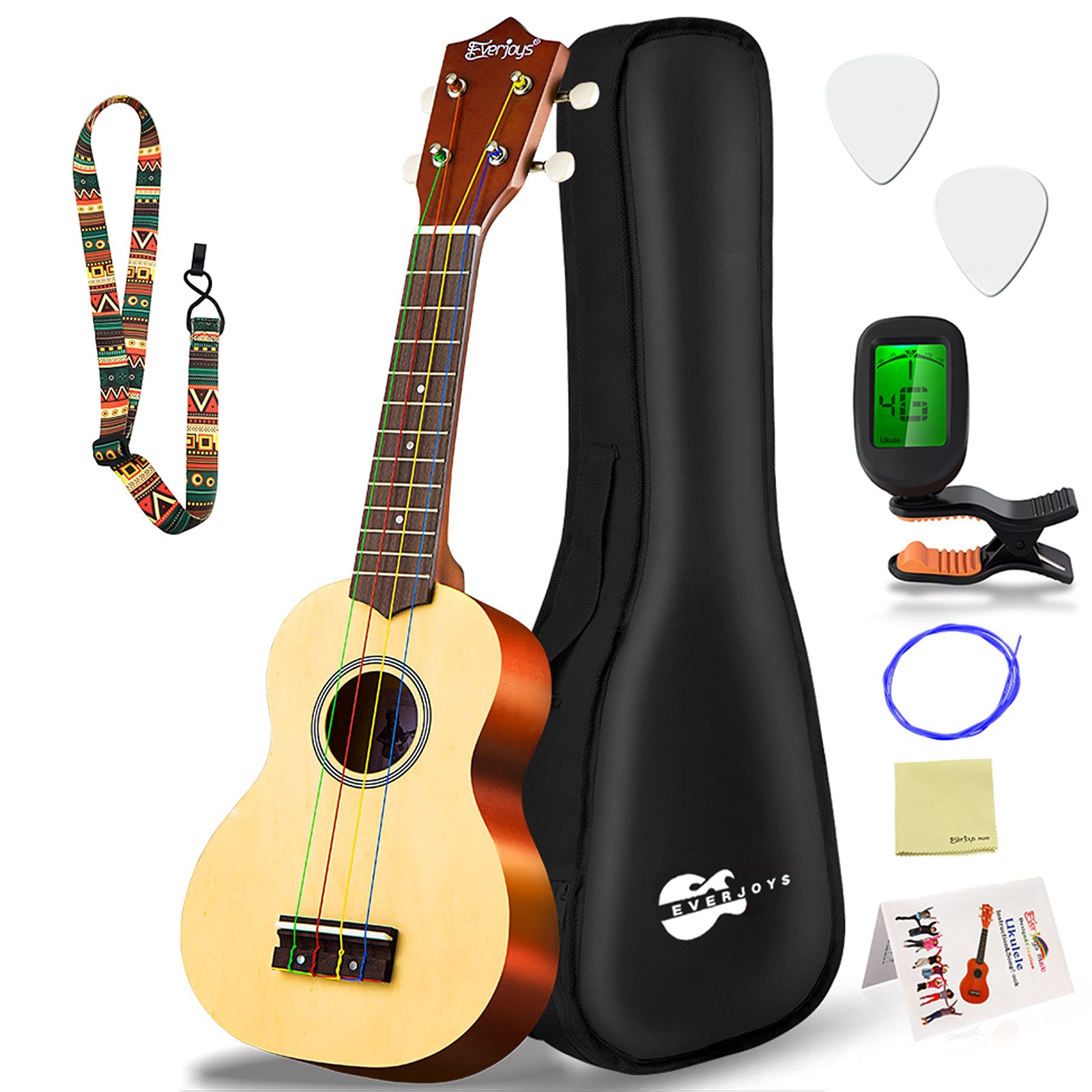 Everjoys Soprano Ukulele Beginner Pack 21 Inch W/Free Online Lesson Gig Bag Fast Learn Songbook Digital Tuner Pick Polishing Clo