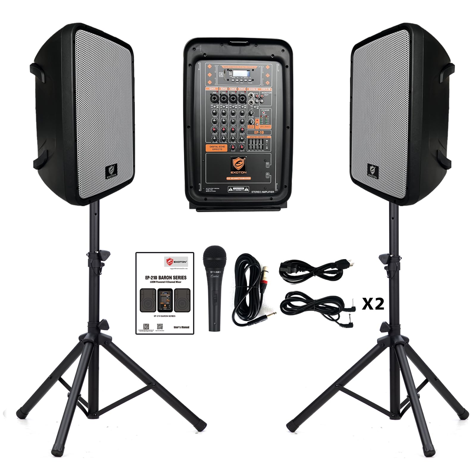 EXOTON EXOTON 10inch PA System with 8-Channel Mixer,Portable 600W Bluetooth Speakers,USB/SD/FM/5-band EQ, Includes 2 Speaker Sta