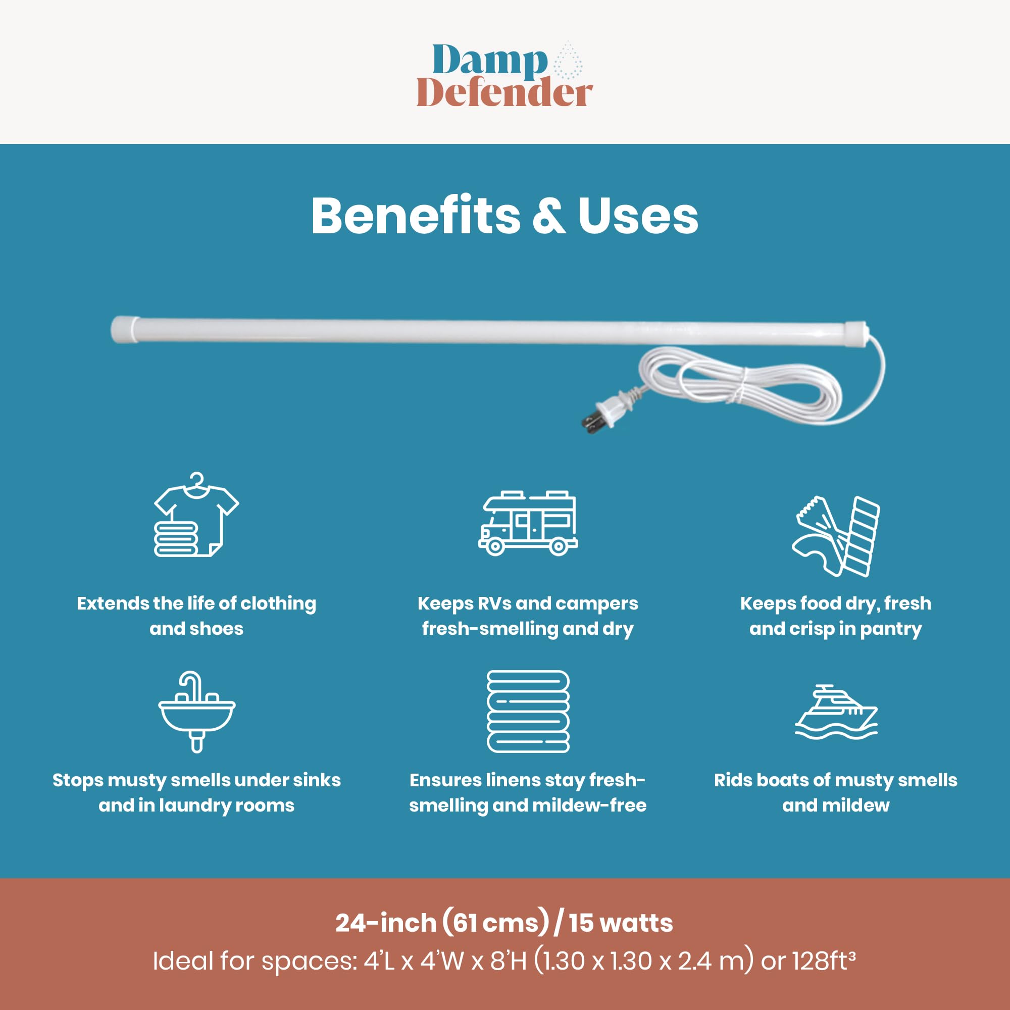 Damp Defender By Dampp Chaser (24 Inches, White)   Compact Dehumidifier For Humidity Control In Closets, Bathrooms, Kitchens, Rv